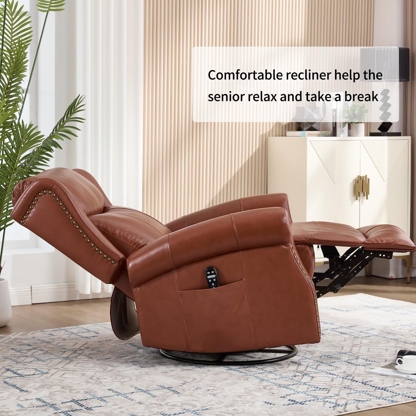 KEIKI Heat Massage Recliner Chair with Rocker & 360° Swivel, Manual Handle Reclining Lounge Chair with Lumbar Heat, Vibration Massage & Cushion Back for Living Room, Red