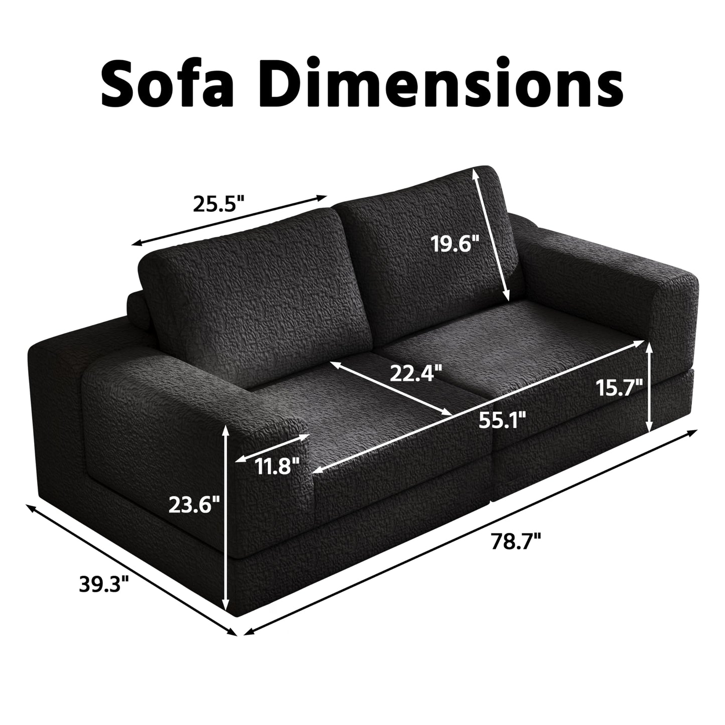 Cloud Modular Sectional Sofa, DIY Combination Modular Couch for Living Room, Unique Knitted Fabric Love Seat Couches with 2 Pillows, 2 Seater Comfy Sectional Couch with No Assembly (Black)
