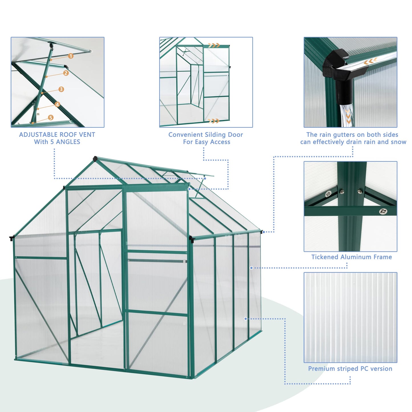KEIKI 6x8 FT Polycarbonate Greenhouse with Aluminum Frame,Raised Base and Roof Vent,Walk-in Greenhouses for Patio Garden Backyard