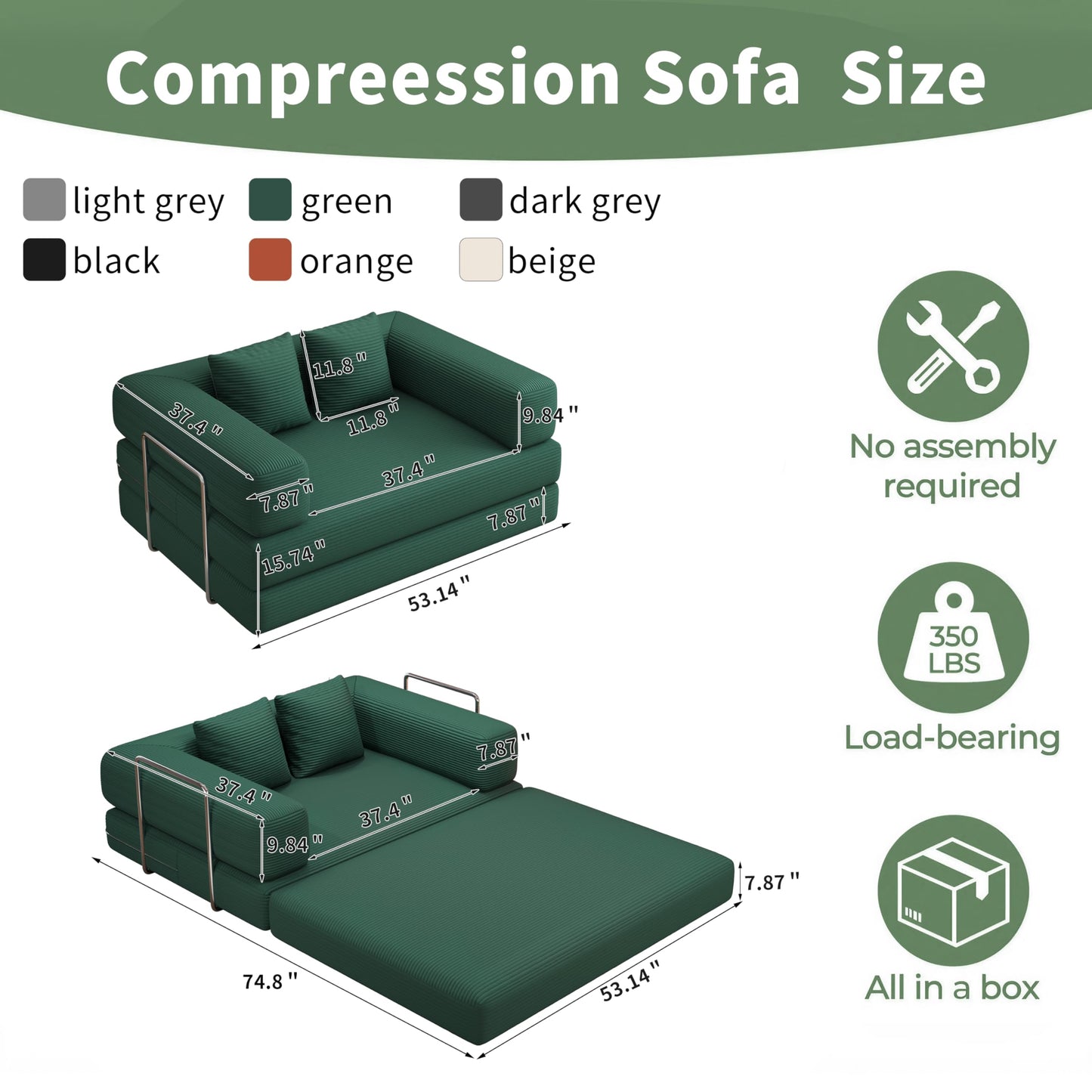 4 in 1 Convertible Sofas Boneless Couches with 2 Pillow, Modern Corduroy Futon Bed, Modular Queen Sofa with Pull-Out Bed, LoveSeat for Living Room, Small Space Apartment (Green, 53.15"Double Sofa)