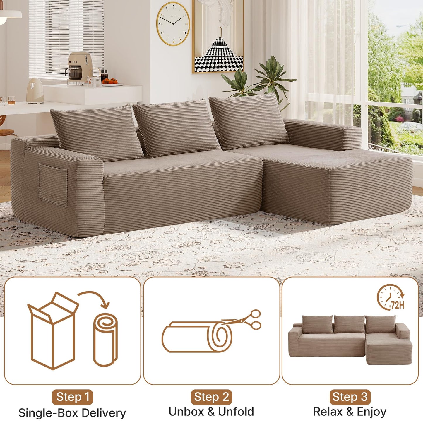 Skepphlay 97" L Shaped Boneless Couches fo Living Room, Modular Sectional Sofa, Camel Corduroy Compression Couches for Small Spaces, No Assembly Required (Right Facing Chaise)