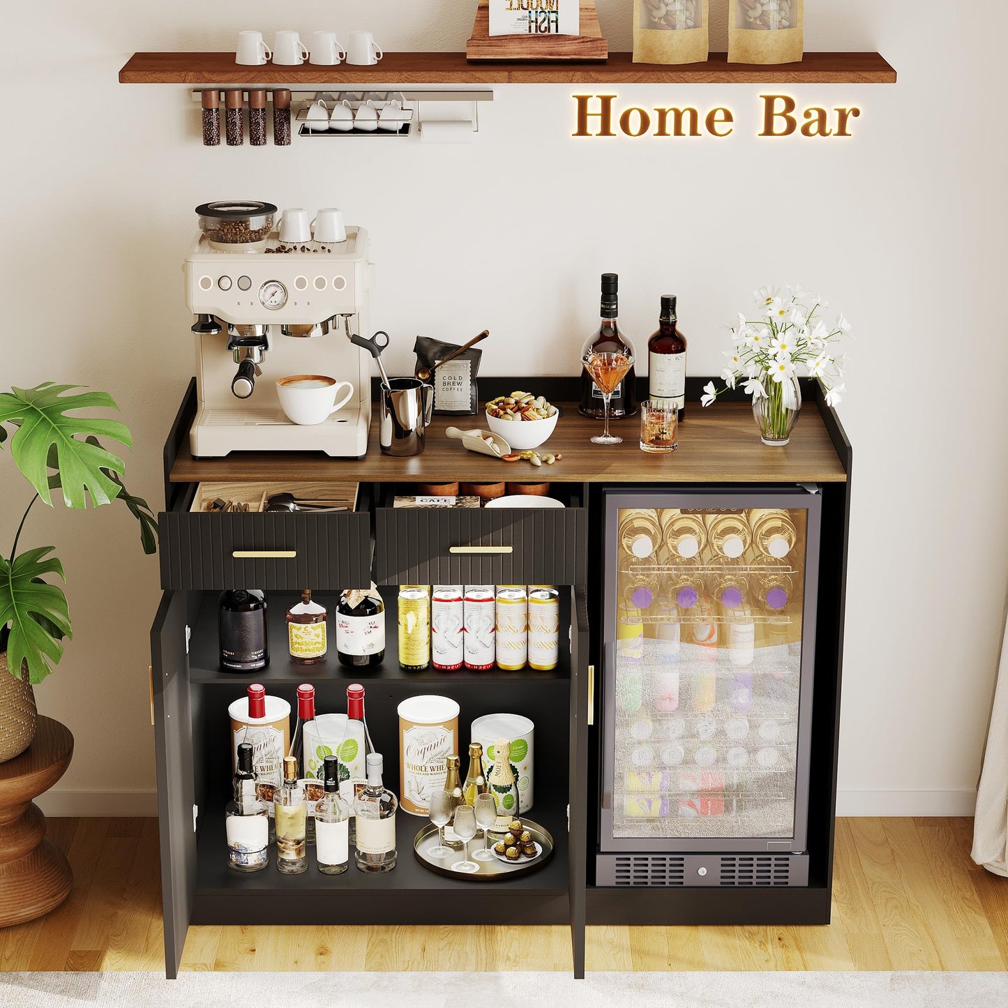 Garvee Coffee Bar Cabinet with Fridge Space, Fluted Wine Cabinet with Charging Station, Mini Fridge Cabinet with Drawers and Adjustable Shelf, Home Bar for Dining Room, Kitchen, Living Room, Black