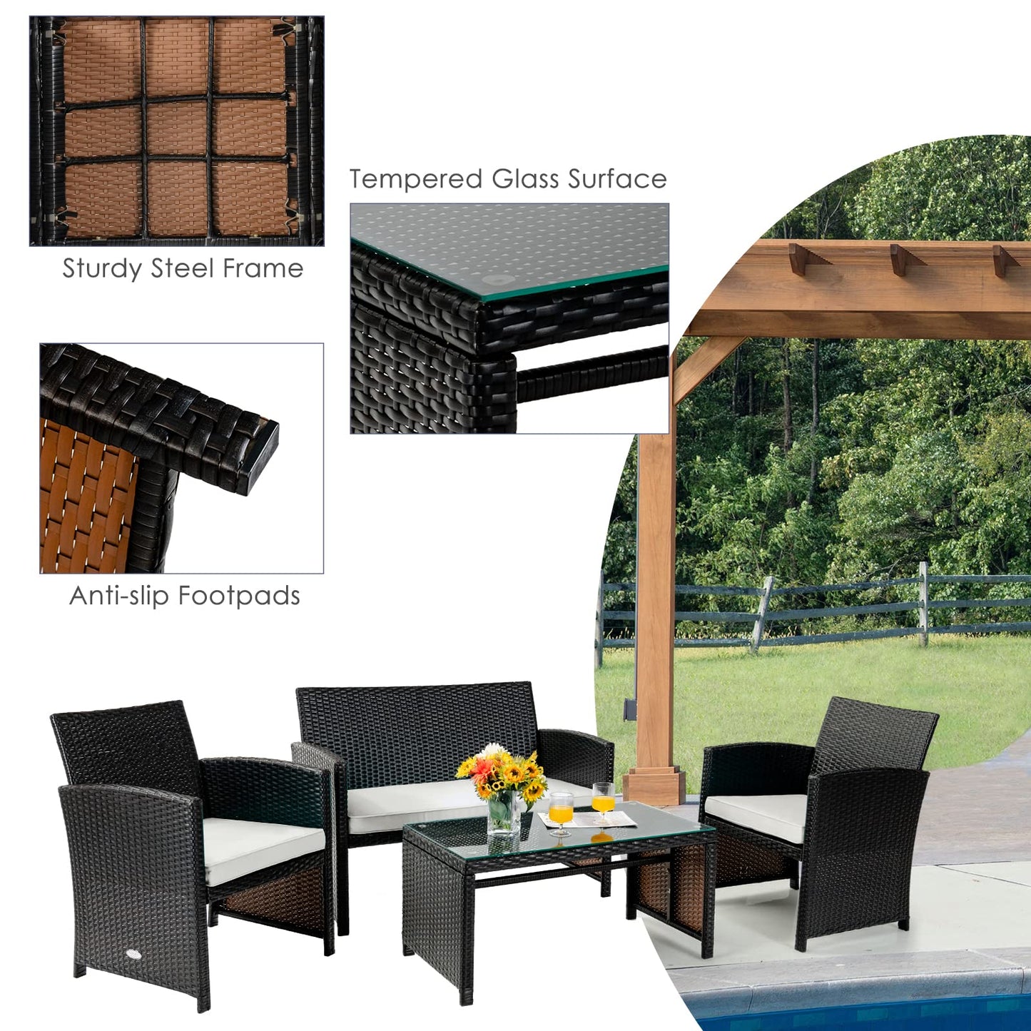 COSTWAY 4 Piece Patio Furniture Set, Outdoor PE Rattan Wicker Sectional Sofa with Cushion and Coffee Table, Patio Conversation Sets for Balcony Lawn Porch Patio Backyard Garden Poolside, White