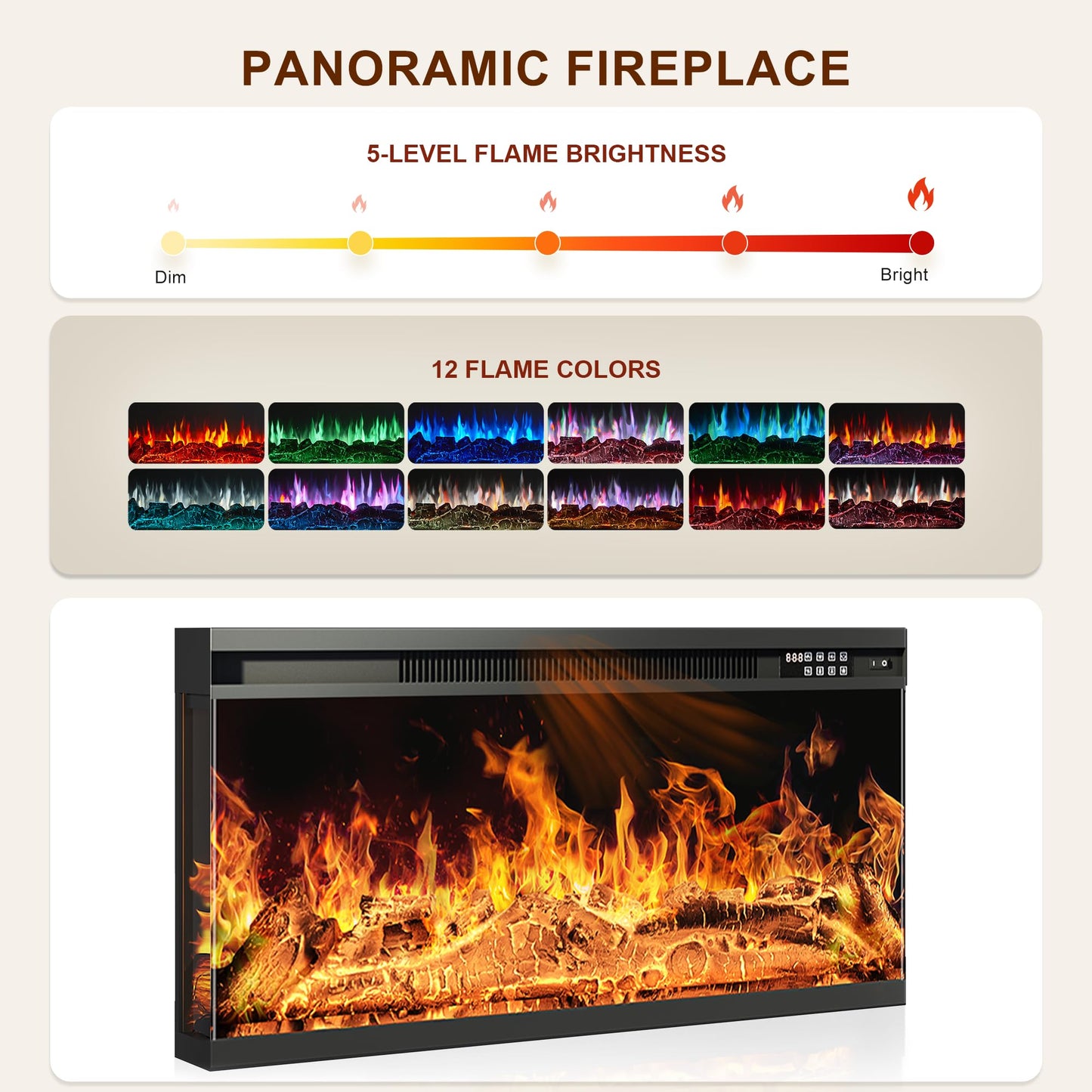MXV 70" Fireplace TV Stand, 3-Sided Glass Fireplace and Modern Entertainment Center, Wooden Media Console with Glass Doors & Storage Drawers, LED Light, for Living Room, Black