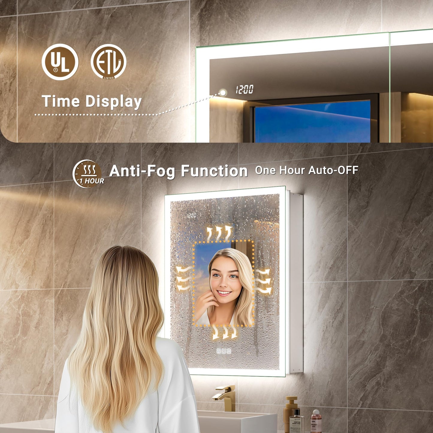 QueenFun 24x32 Front & Backlit Medicine Cabinet with LED Lights, 155°Soft-Close Hinge, Surface or Recessed Dimmable Lighted Medicine Cabinet Mirror with Clock Outlet Inner Light,Anti-Fog