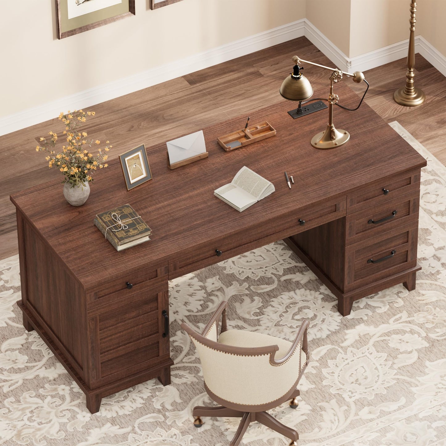 Garvee 60" Wooden Home Office Desk with File Drawers, Executive Desk with Adjustable Cabinet, Farmhouse Wood Desk with Power Outlet, Distressed Study and Work Table, Rustic Brown