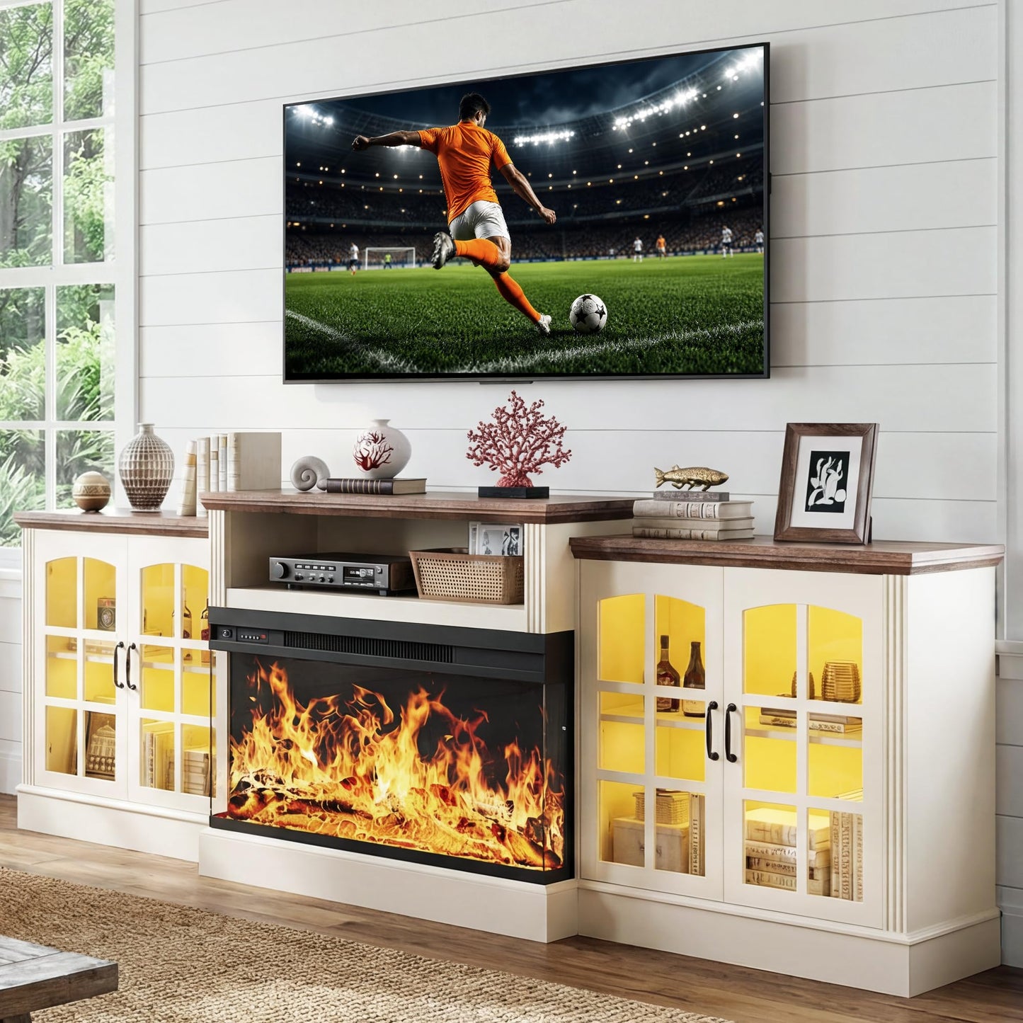 97" Farmhouse Fireplace TV Stand for TVs Up to 100", Entertainment Center with 36" 3-Sided Glass Electric Fireplace, 12 Flame Colors & LED Light Modes, Media Console for Living Room, White