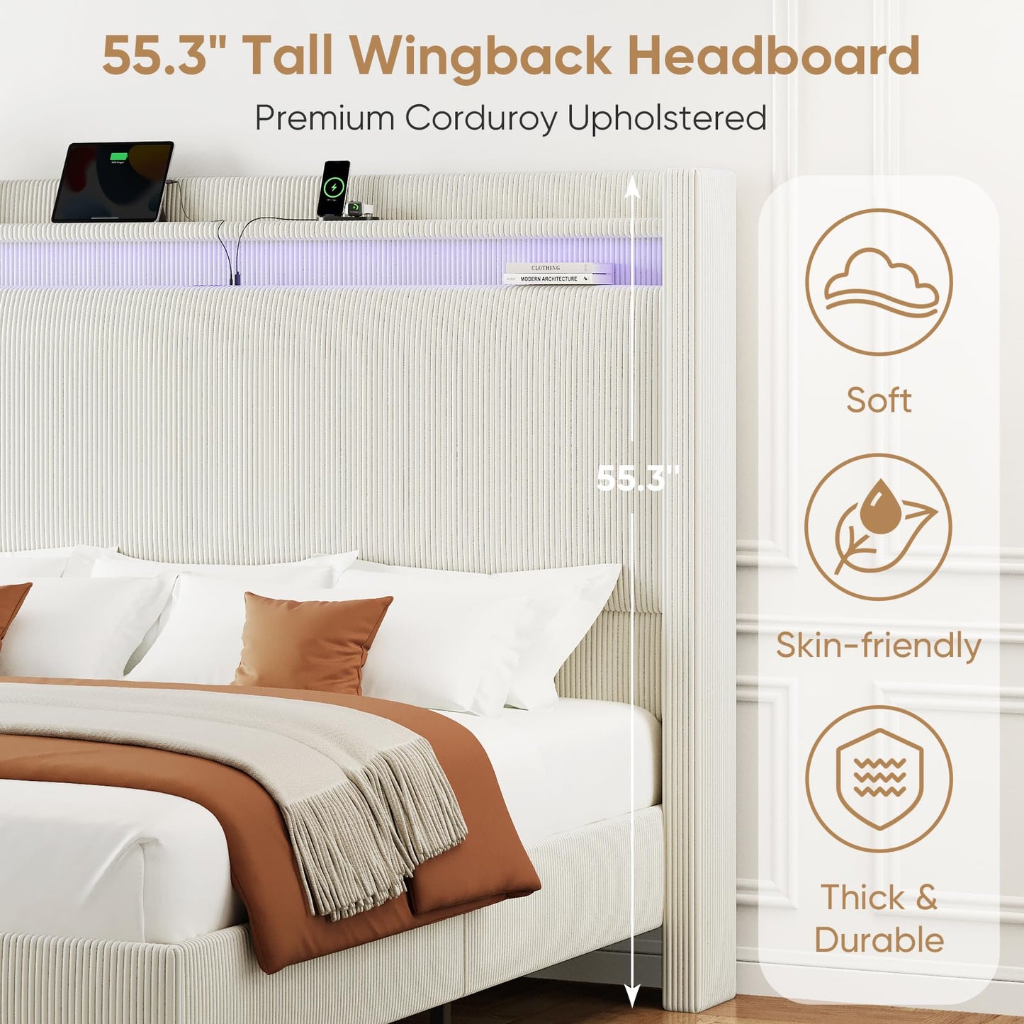 King Size Bed Frame with Tall Headboard, 55.3" Upholstered Platform King Bed Frame, Elegant Corduroy Wingback Bed with LED Lights & Charging Station, No Box Spring Needed, Solid Wood Slats, Cream