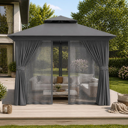 Aoxun 8'x8' Outdoor Gazebo, 50mm Heavy-Duty Steel Frame Double Roof Canopy, Waterproof Polyester Patio Pavilion with Curtains and Netting for Backyard Garden, Dark Gray