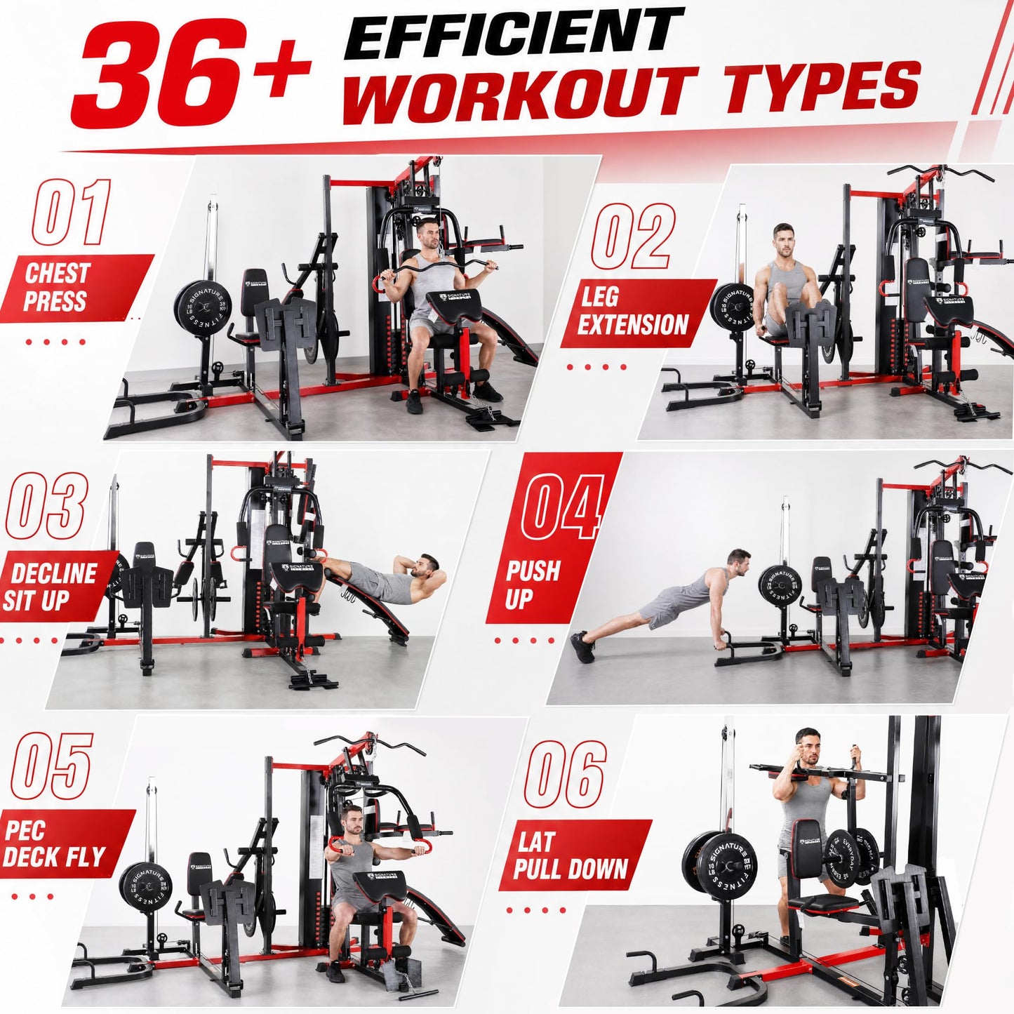 Signature Fitness Multifunctional Home Gym System Workout Station with Leg Extension, Preacher Curl, Pushup, Dip, Situp Stand, Leg Press and Squat Stand, 122.5LB Weight Stack, M950, Steel