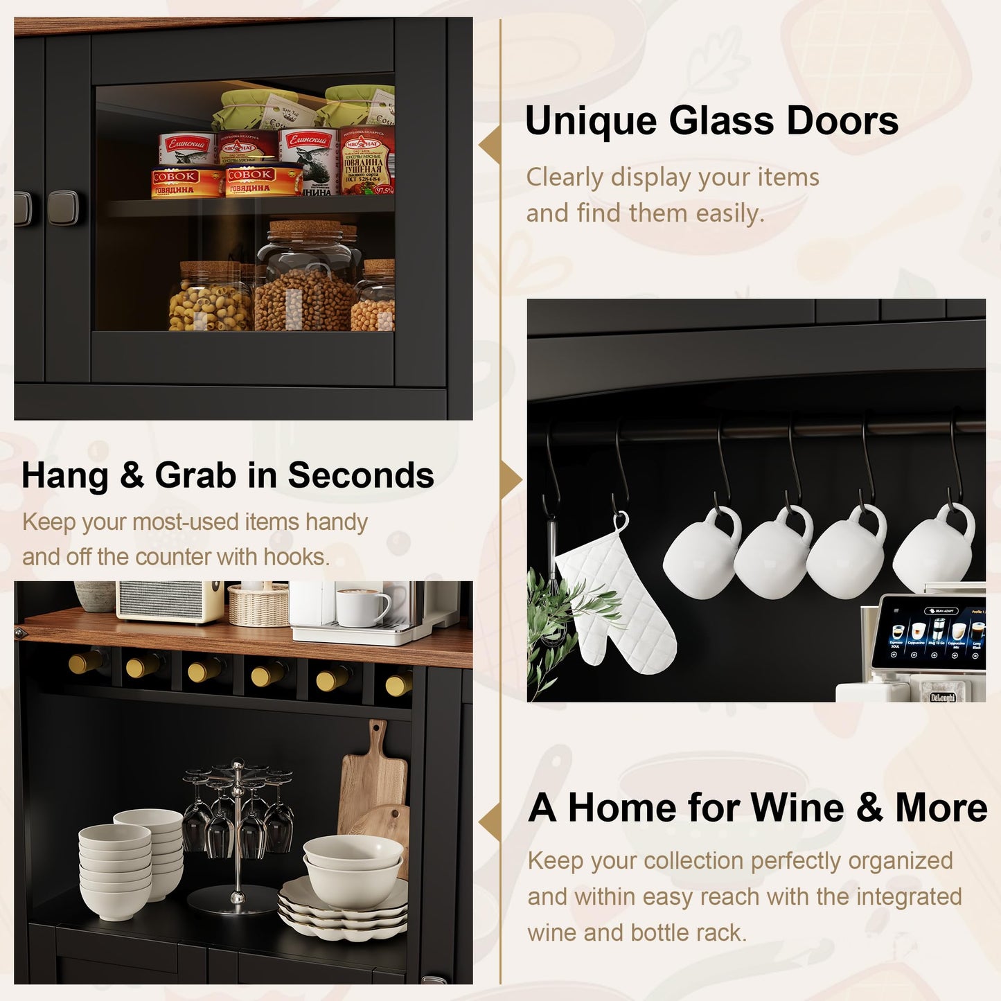 Einhomn 71" Tall Kitchen Pantry Cabinet with Charge Station, 3 Adjustable Shelves, Wine Rack and Glass Door, Kitchen Hutch for Dining Room, Kitchen and Living Room, Black