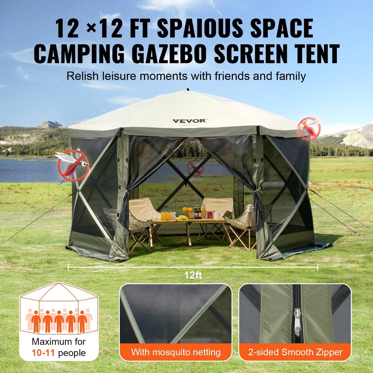 VEVOR 12x12ft Pop Up Gazebo Tent with Mosquito Netting, 6 Removable Wind Panels & 2 Mesh Windows, Outdoor Canopy Shelter for Patio, Army Green