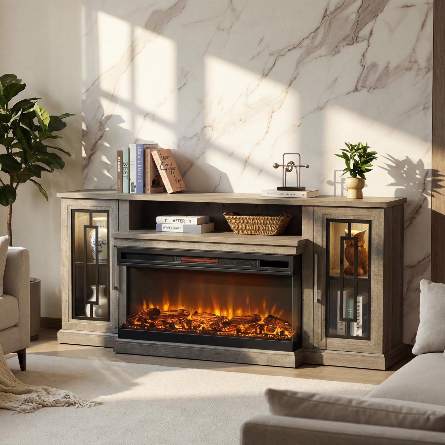 Unineo 75 Inch Electric Fireplace TV Stand, 3- Side Glass LED Modern Media Entertainment Center Console Table for TVs up to 80/85 Inch w/Adjustable Flame, 40’’ Fireplace, Highboy, Gray Wash