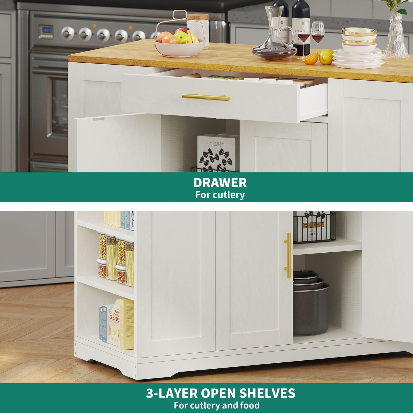 YITAHOME 53 inch Large Rolling Kitchen Island with Trash Can Storage Cabinet, Portable Mobile Islands Table Long Floating Movable w Wheels Cabinet for 13 Gallon Garbage Bin 2 Drawer, White Oak