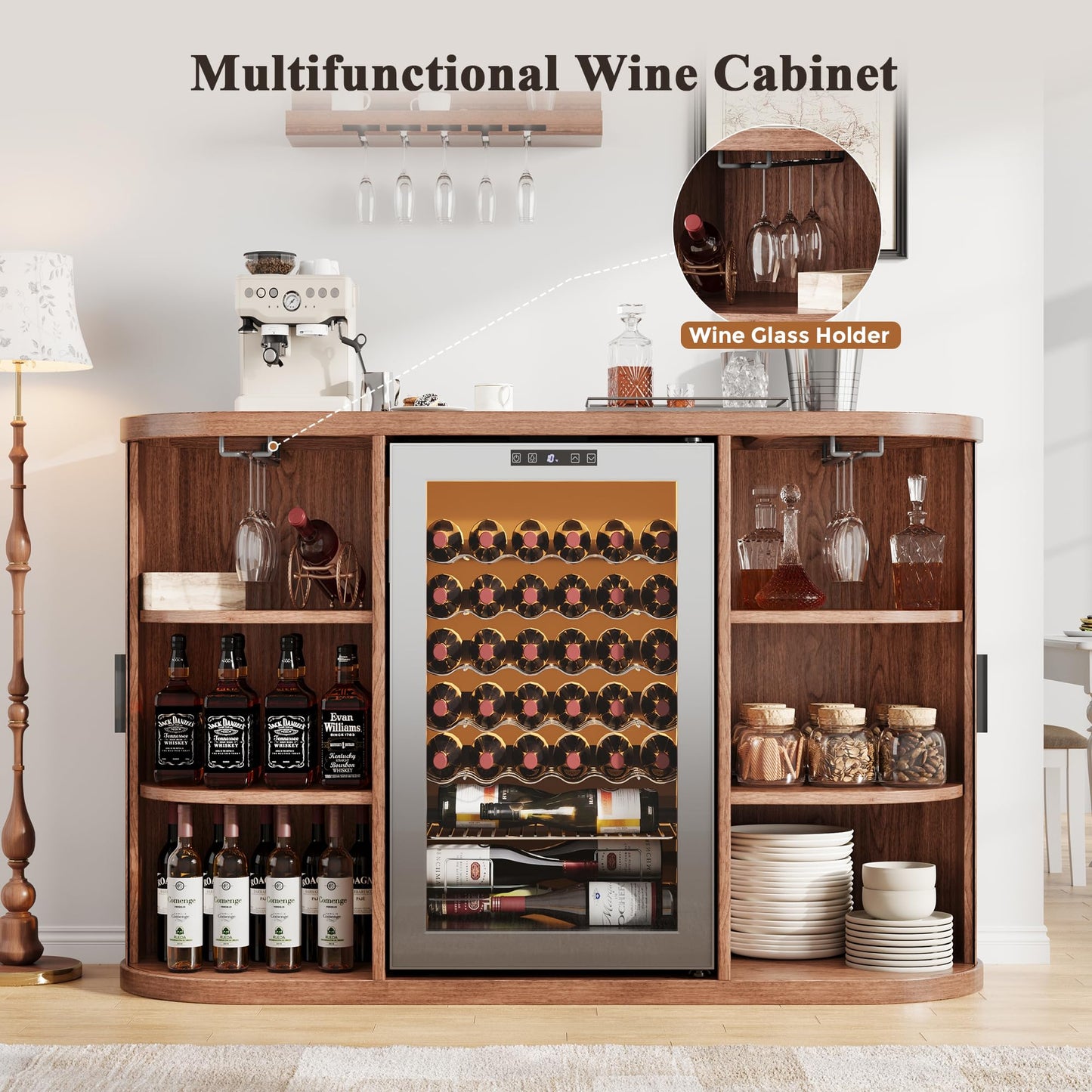 Jocoevol 53" Fluted Coffee Bar Cabinet with Sliding Doors, Wine Bar Cabinet with Charging Station & Holder, Modern Liquor Whiskey Buffet Sideboard for Dining Room, Living Room, Kitchen（Walnut）
