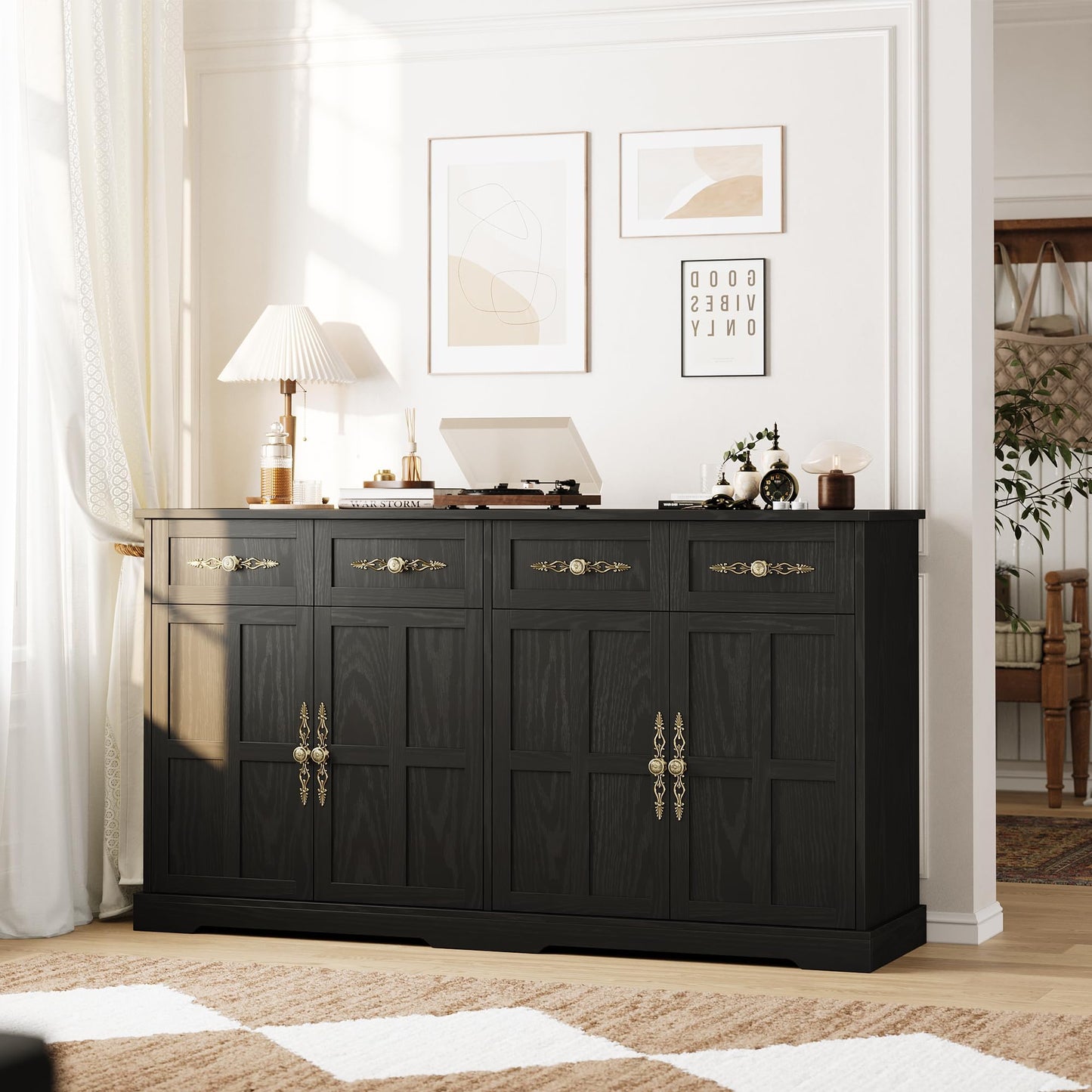 Garvee 63" Large Buffet Sideboard with Storage, 36" Tall Kitchen Buffet Storage Cabinet with 4 Drawers, Modern Coffee Bar Cabinet with Gold Handles, Long Sideboard Buffet Table for Kichen, Black