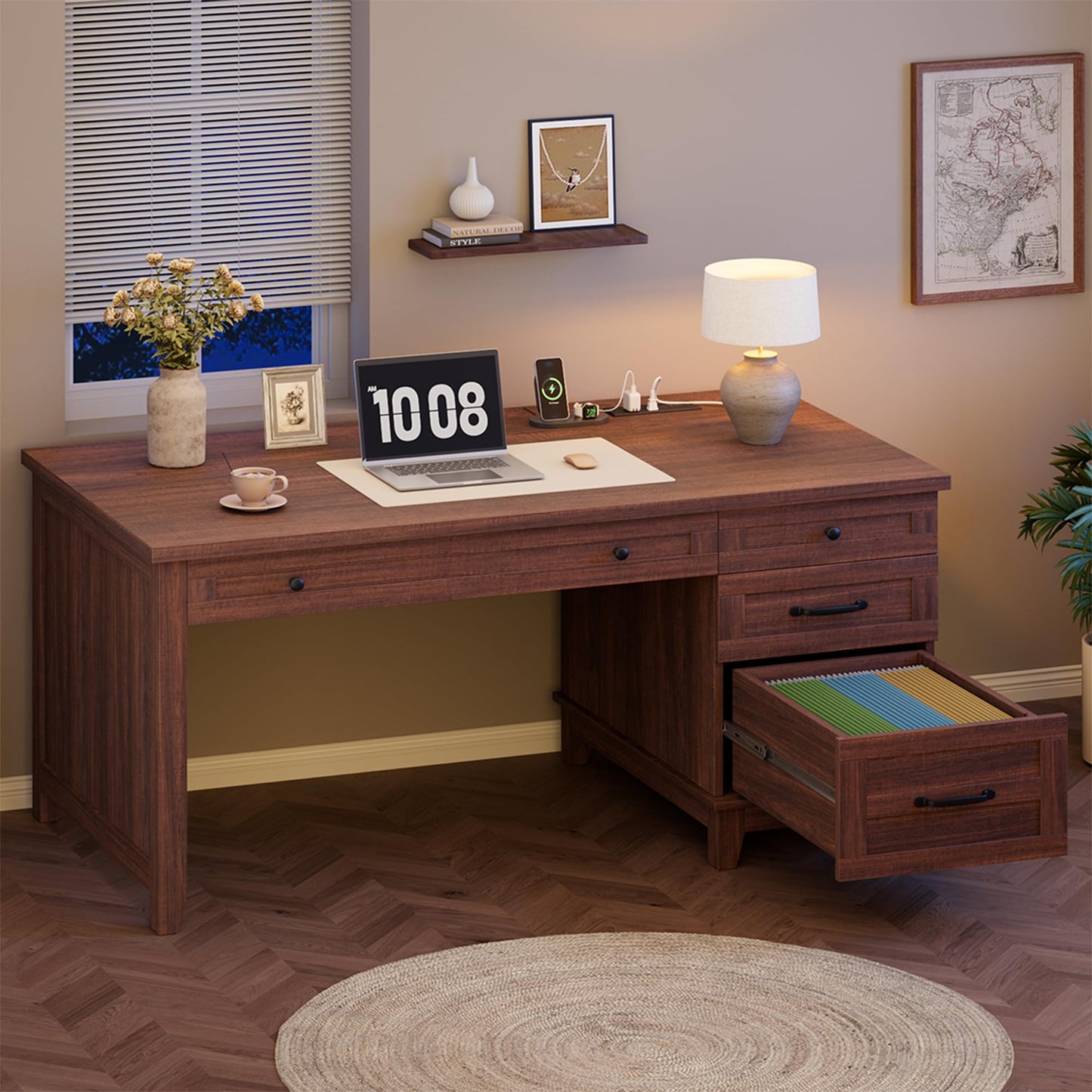 Garvee 53.5" Wooden Home Office Desk with File Drawers, Executive Desk with Power Outlet, Farmhouse Wood Desk with Storage, Distressed Study and Work Table, Rustic Brown