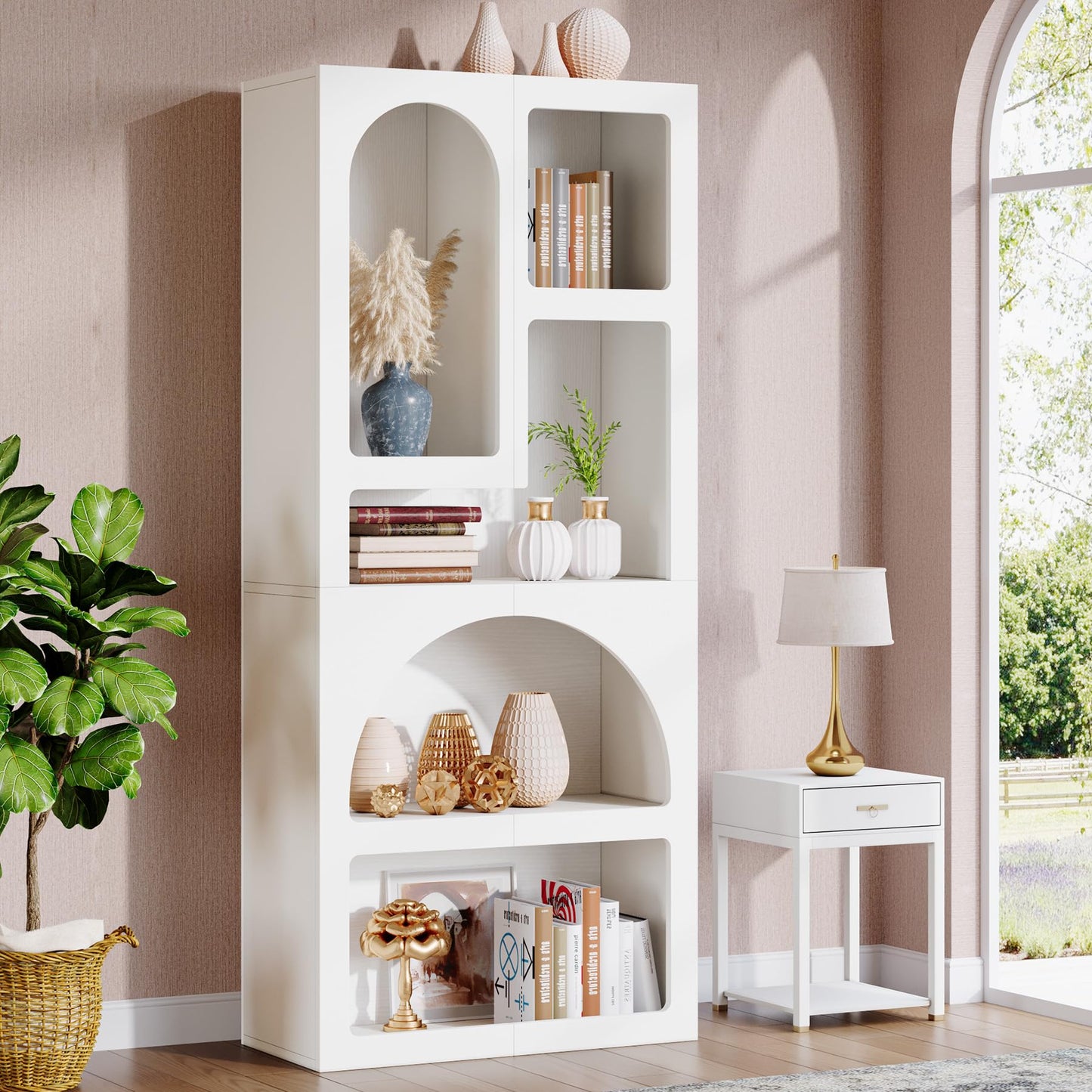Tribesigns 70.87" Tall Geometric Bookshelf, White Arched Bookcase with 5 Irregular Storage Shelves, Modern Open Art Decor Display Shelf Free-Standing for Living Room, Bedroom, Closet