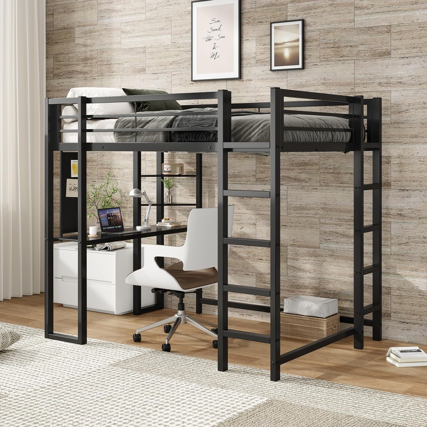 Full Size Metal Loft Bed with Desk and Storage Shelves, Black Loft Bed Frame for Teens Boys Girls, Space-Saving High Loft Bed with 13.8" Safety Guardrail & 350 lbs Capacity, No Box Spring Needed