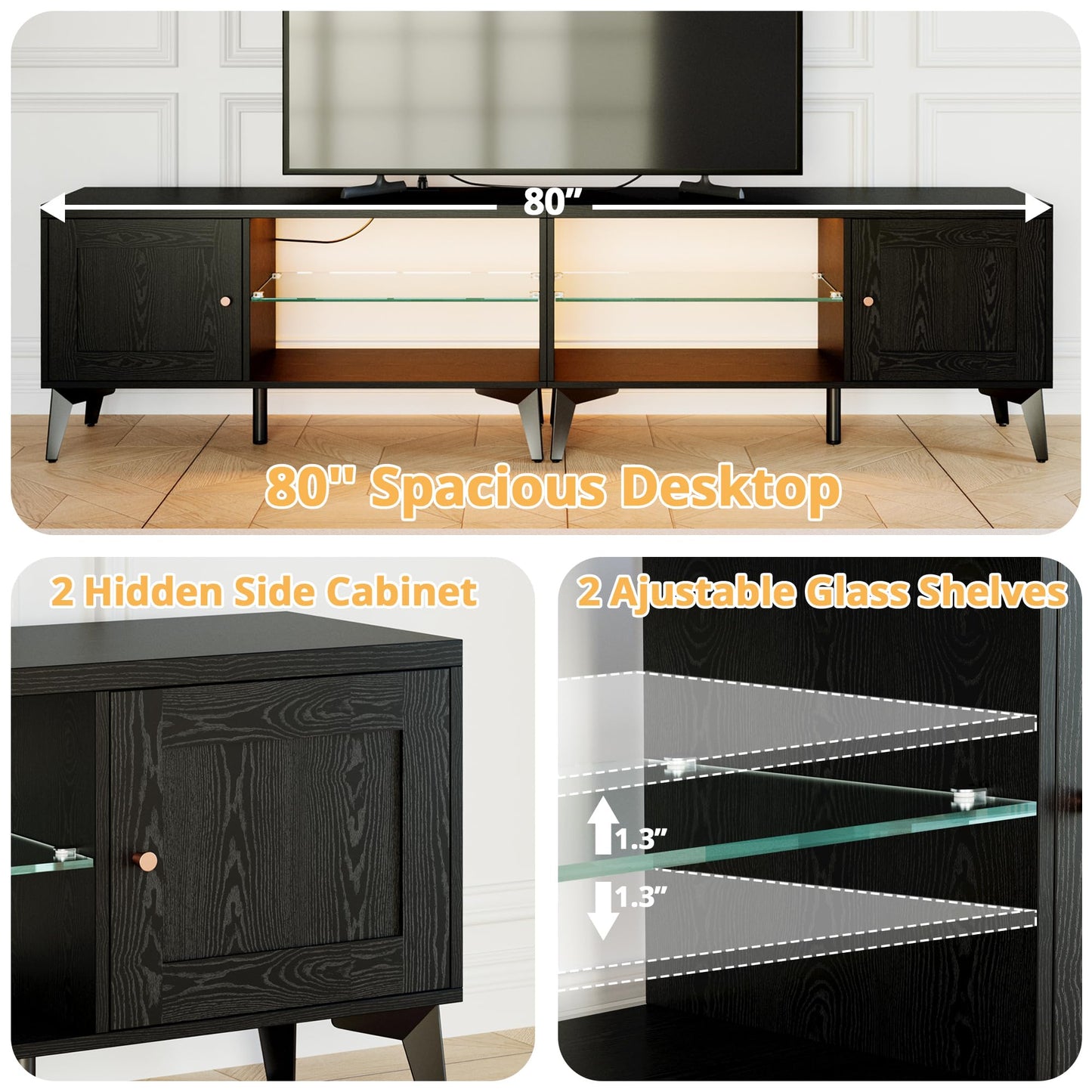 LIKIMIO 2-in-1 TV Stand for 85 Inch TV, Black TV Consoles with LED Lights