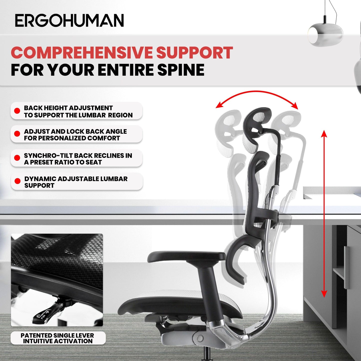 Ergohuman Eurotech ME7ERG GEN2 High Back Mesh Office Chair with Tilt Tension Control, Tilt Lock, Back Angle, Back Height, Synchro Tilt, Seat Height, Seat Depth, and Arm Height Adjustments, Grey