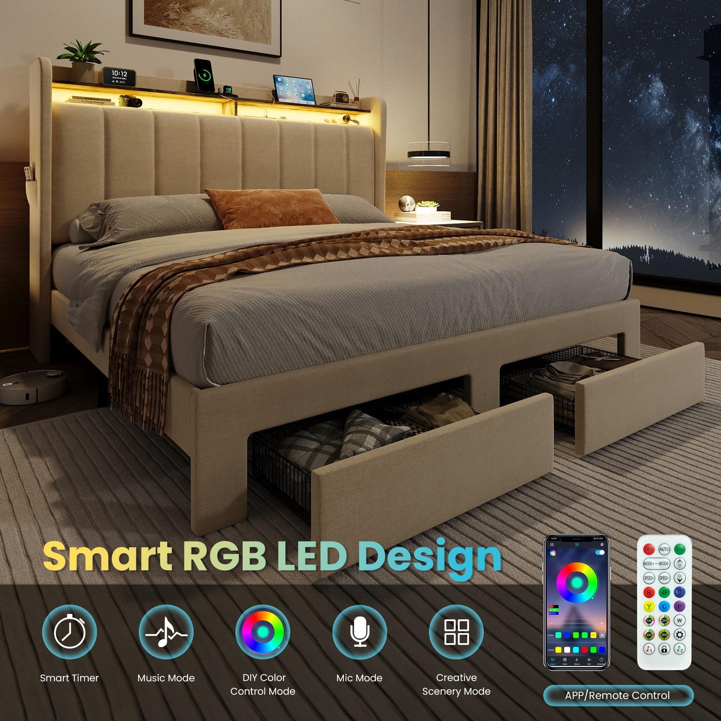 SHA CERLIN Full Size Platform Bed Frame with Vertical Channel Tufted Wingback Headboard & 2 Storage Drawers/2-Tier Shelves with LED Lights & Charging Station/Noise-Free/No Box Spring Needed/Beige