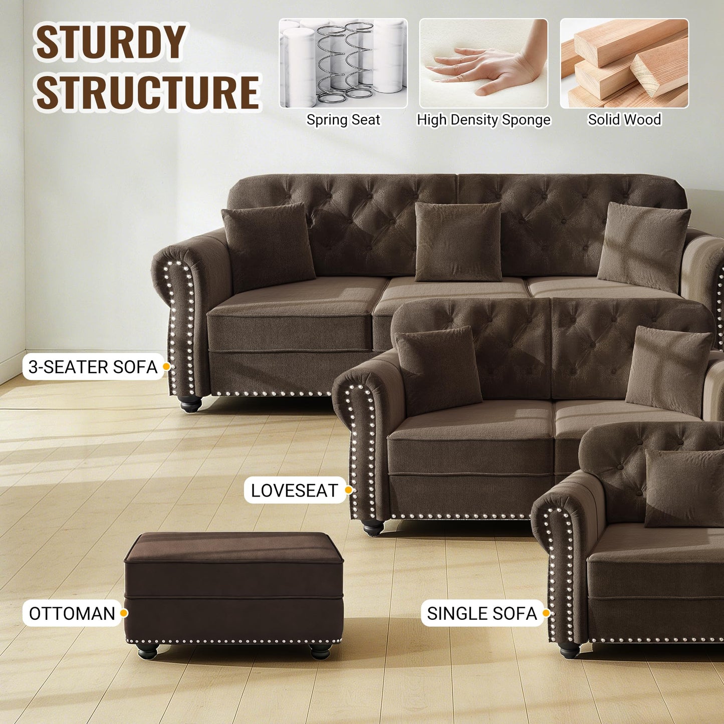 KEIKI 3-Piece Chesterfield Sofa Set with 1 Velvet 3-Seater Sofa & 1 Loveseat & 1 Single Sofa, 6-Seater Couch Set with Nailhead Trim & Rolled Arms & 1 Ottoman & 6 Pillow, for Living Room, Brown