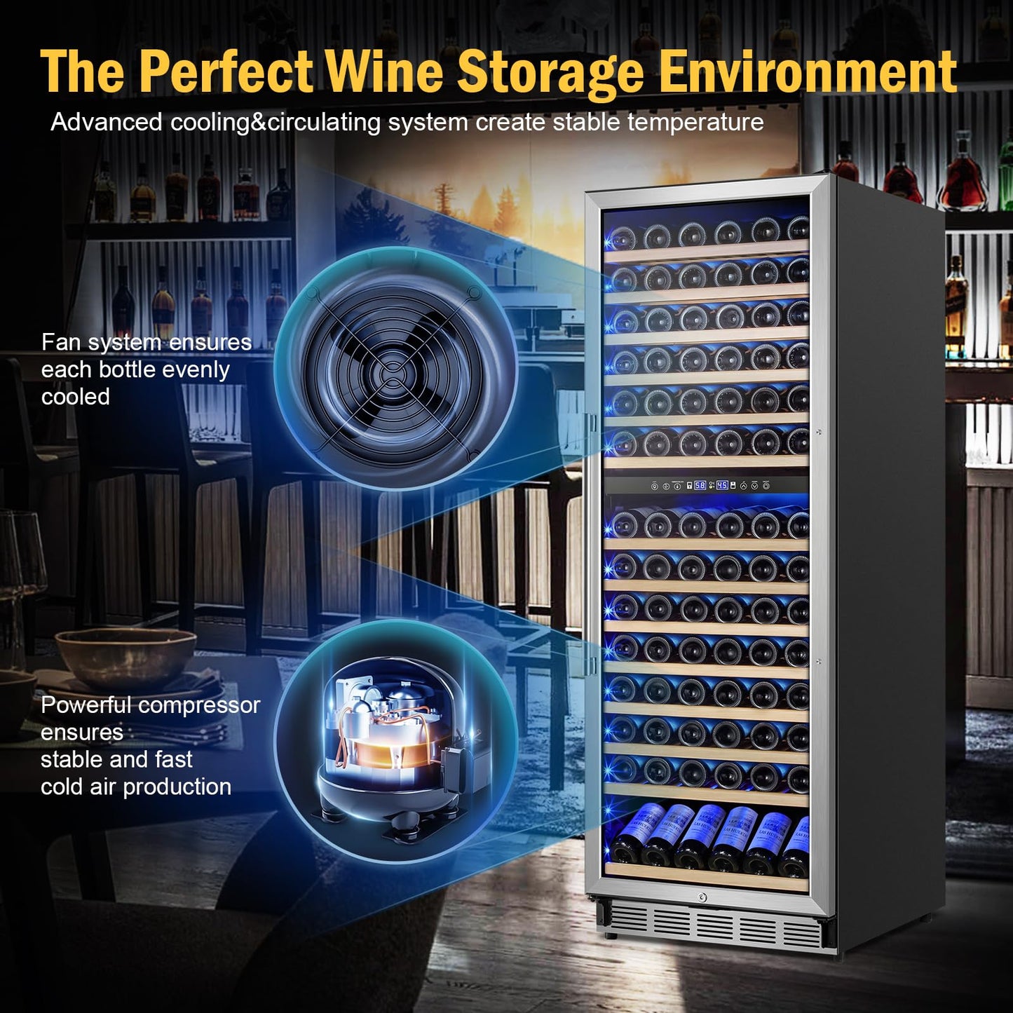 FoMup Wine Cooler Refrigerator 24 Inch, 180 Bottles Large Wine Fridge Dual Zones, Tall Freestanding/Built-in Wine Cellar Professional with Reversible Door Sliding Rail Shelves