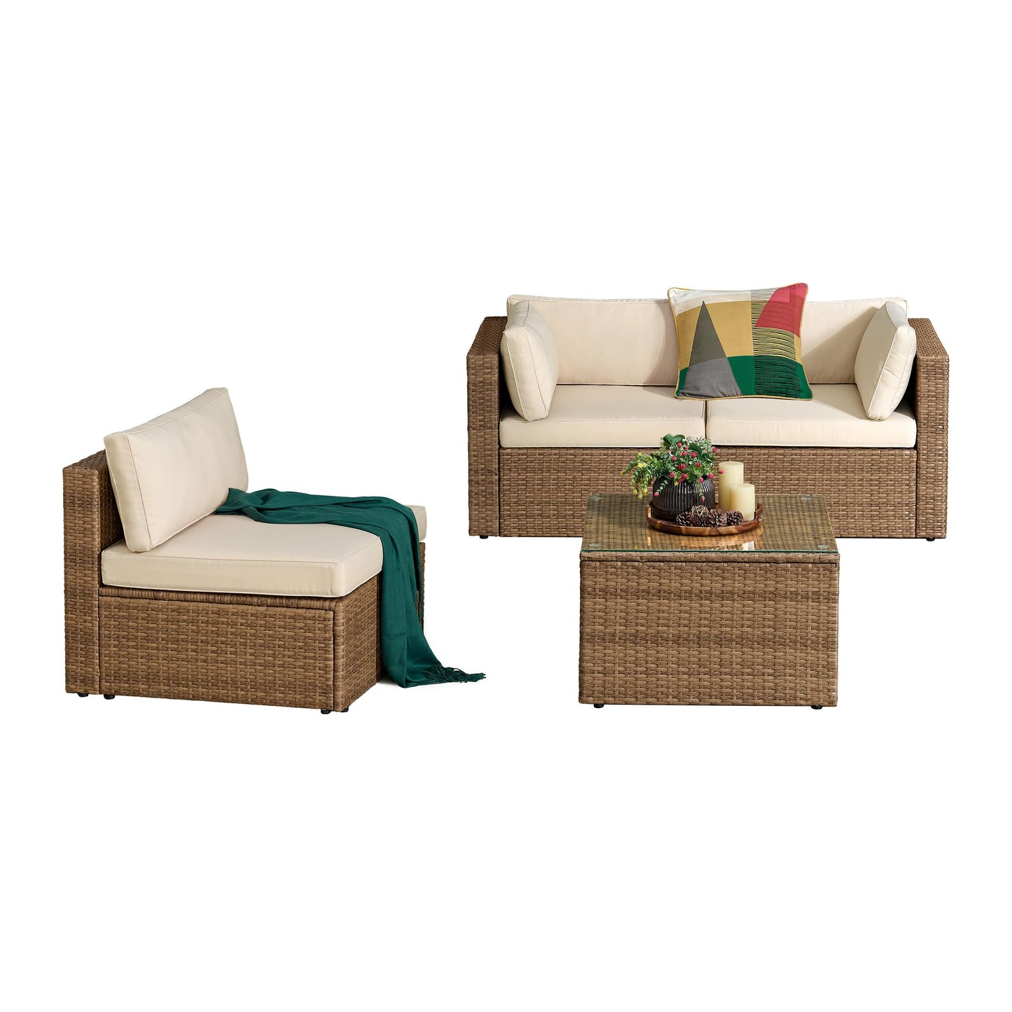 Alaterre Furniture Montara 4 Piece Modular Outdoor Patio Furniture Set - Weather-Resistant Wicker Rattan Patio Set with Outdoor Couch and Coffee Table for Backyard, Porch, Deck or Poolside (Tan/Cream)