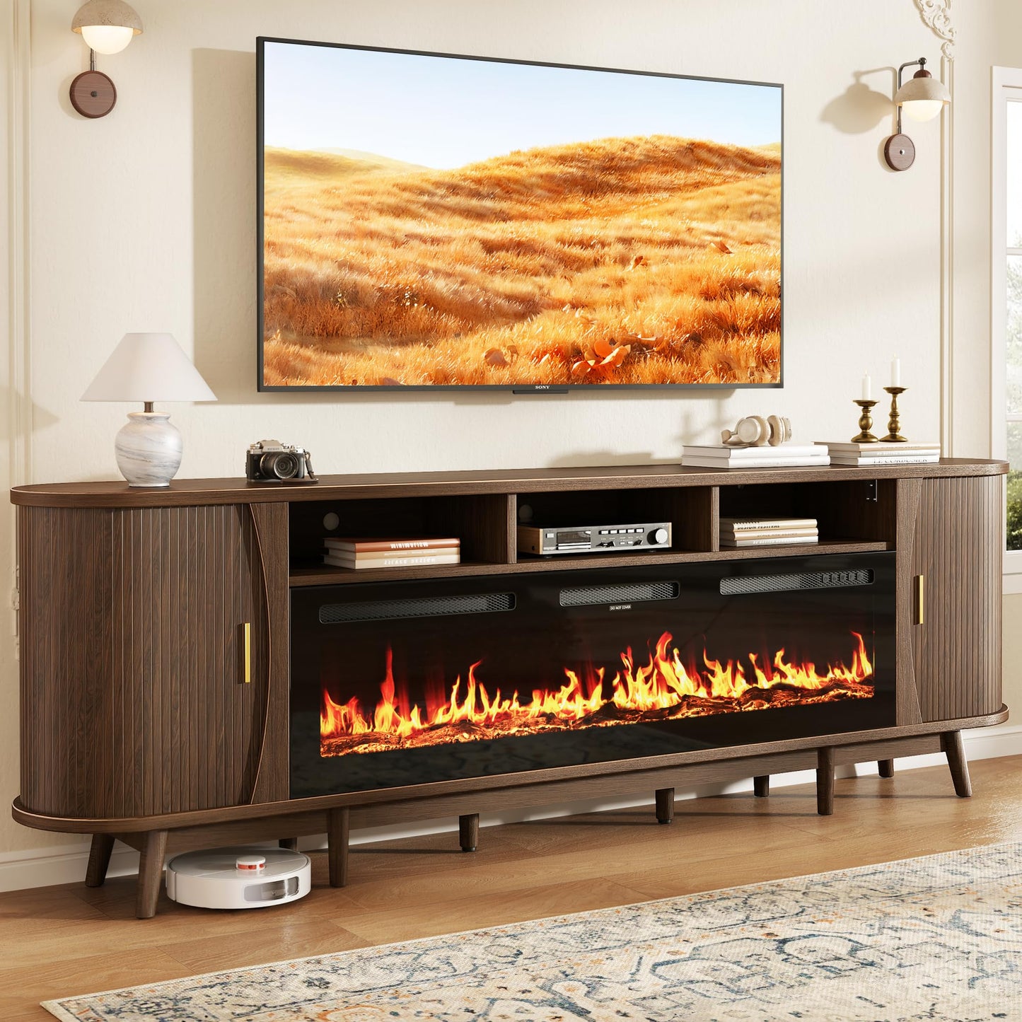 OneBlis 97" Fireplace TV Stand for 100" TV, Mid Century Modern Entertainment Center with 60" Electric Fireplace, Media Console with Sliding Doors & Adjustable Shelves for Living Room, Walnut
