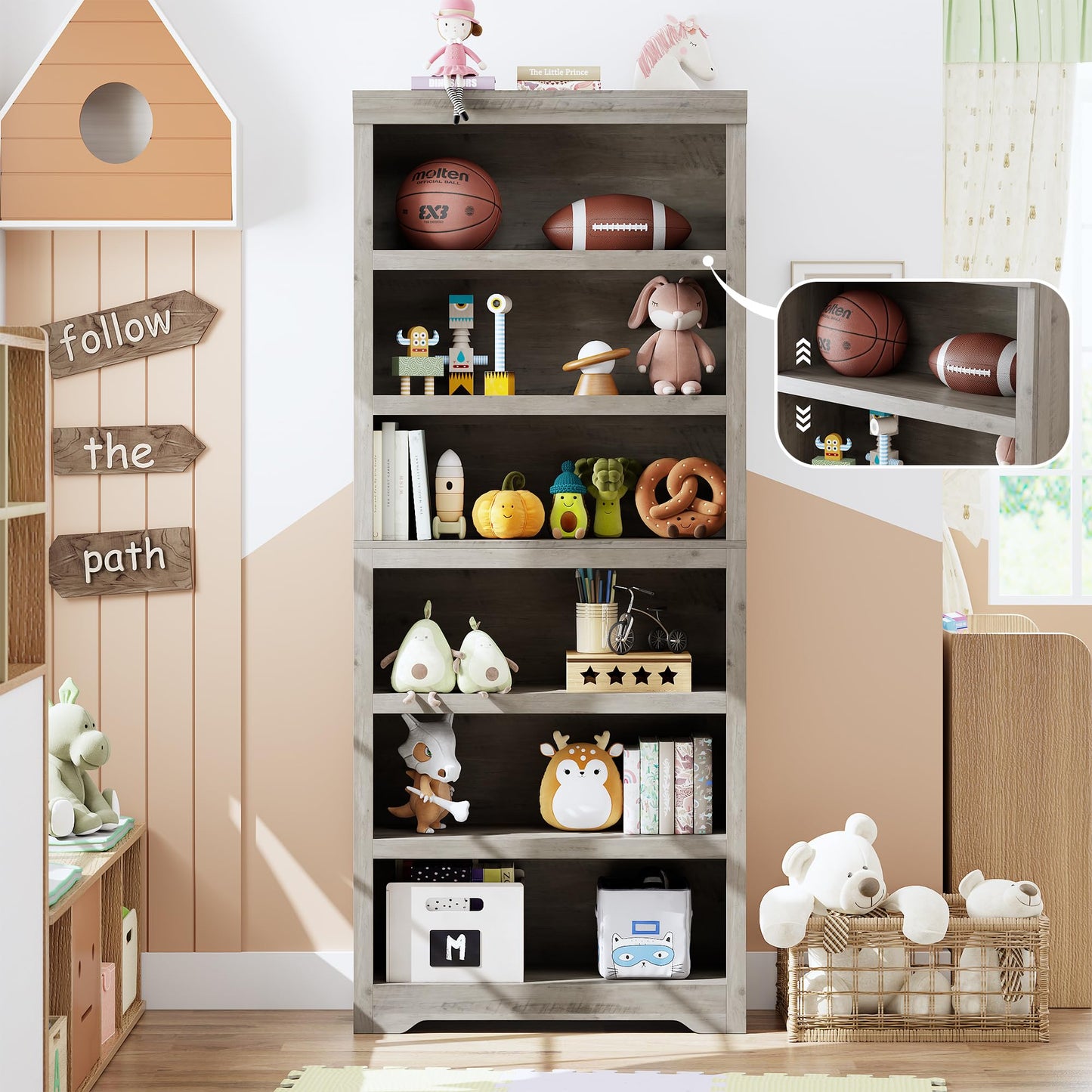 75" Tall Farmhouse Bookshelf, 6 Tiers Open Bookcase with Adjustable Shelves, Anti-Tip Floor Standing Storage Organizer, 31.5"W Wooden Display Shelf for Home Office, Living Room, Balcony & Study, Gray