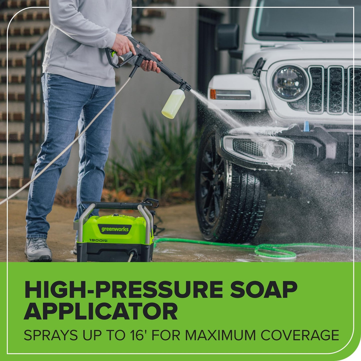 Greenworks 1900 PSI (1.2 GPM Max) Electric Pressure Washer (25°, 40°, Turbo Nozzle, Soap Applicator) Ideal for Cleaning Cars, Trucks, Boats, Outdoor Patio Furniture, Decks, and Windows