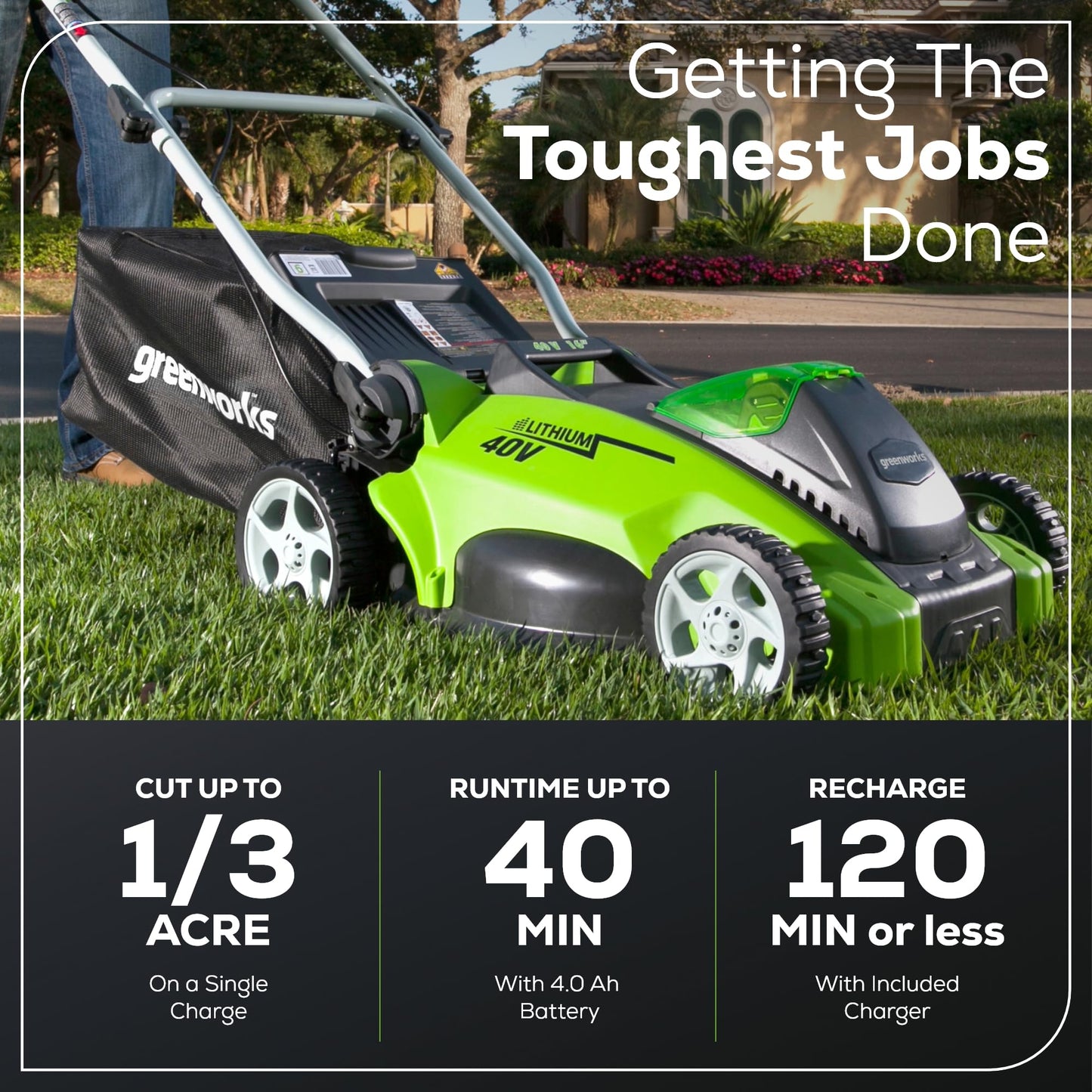 Greenworks 40V 16" (Push) Cordless Lawn Mower, 4.0Ah Battery (1/3 Acre, Push Button Start, Compatible with 75+ Tools)