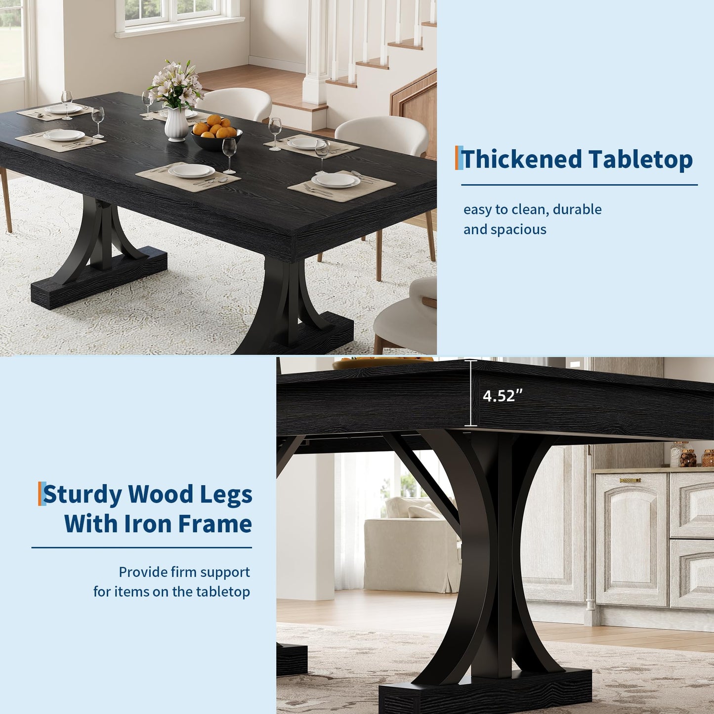 GarveeHome Dining Table for 6-8 with 2 Drawers,71-Inch Industrial Dining Table with Large Tabletop & Sturdy Frame, Rectangular Wooden Kitchen Table with Double Pedestal, for Dinner， Rustic Black