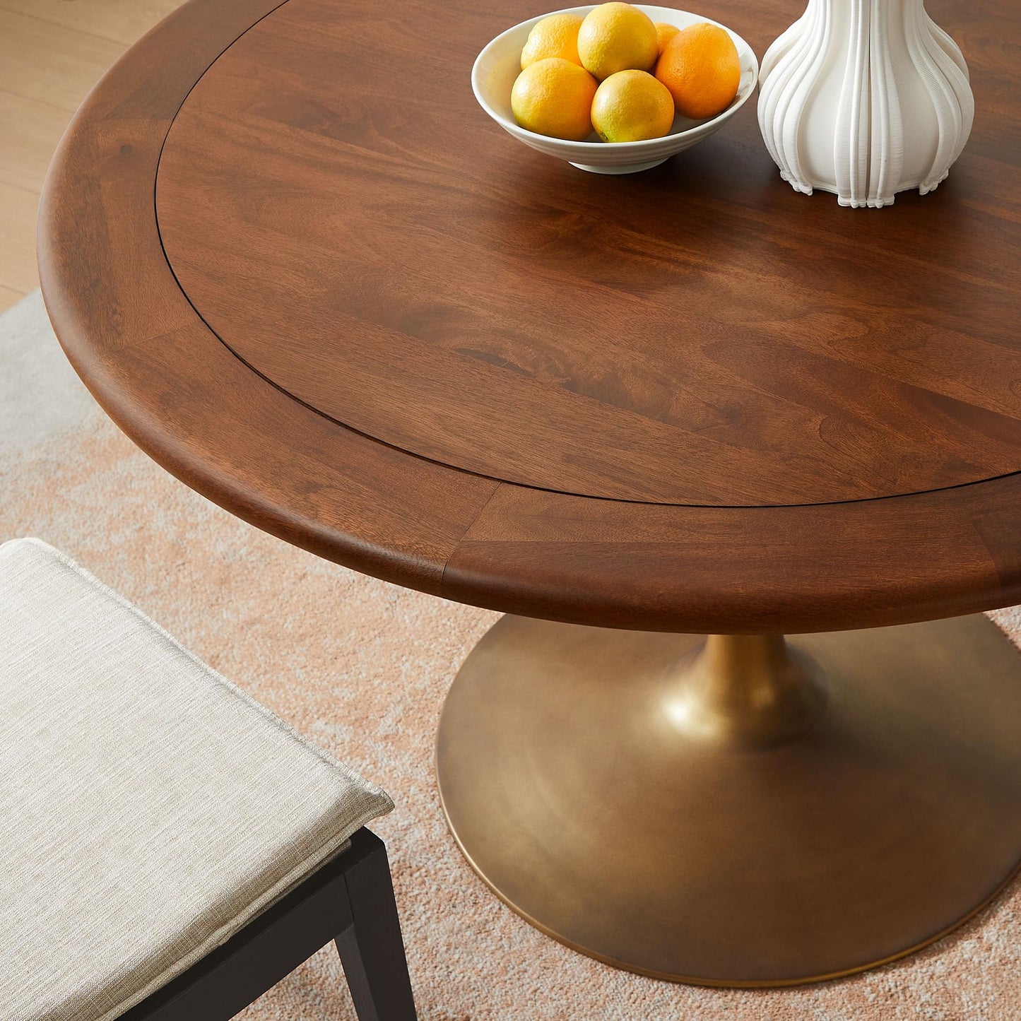 Modway Lippa 48 Inch Round Wood Dining Table with Metal Pedestal in Brass Walnut - Modern Industrial Dining Table for 4 People - Solid Wood Tulip Kitchen Table