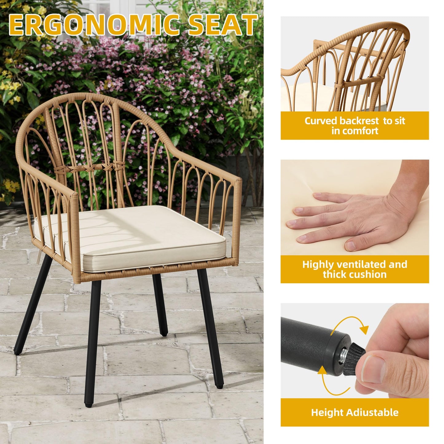DWVO 5 Piece Patio Dining Sets, Outdoor Dining Furniture Set with 2" Umbrella Hole, Wicker Rattan Round Table and Chairs Set with Comfortable Cushions for Patio, Balcony, Backyard, Beige