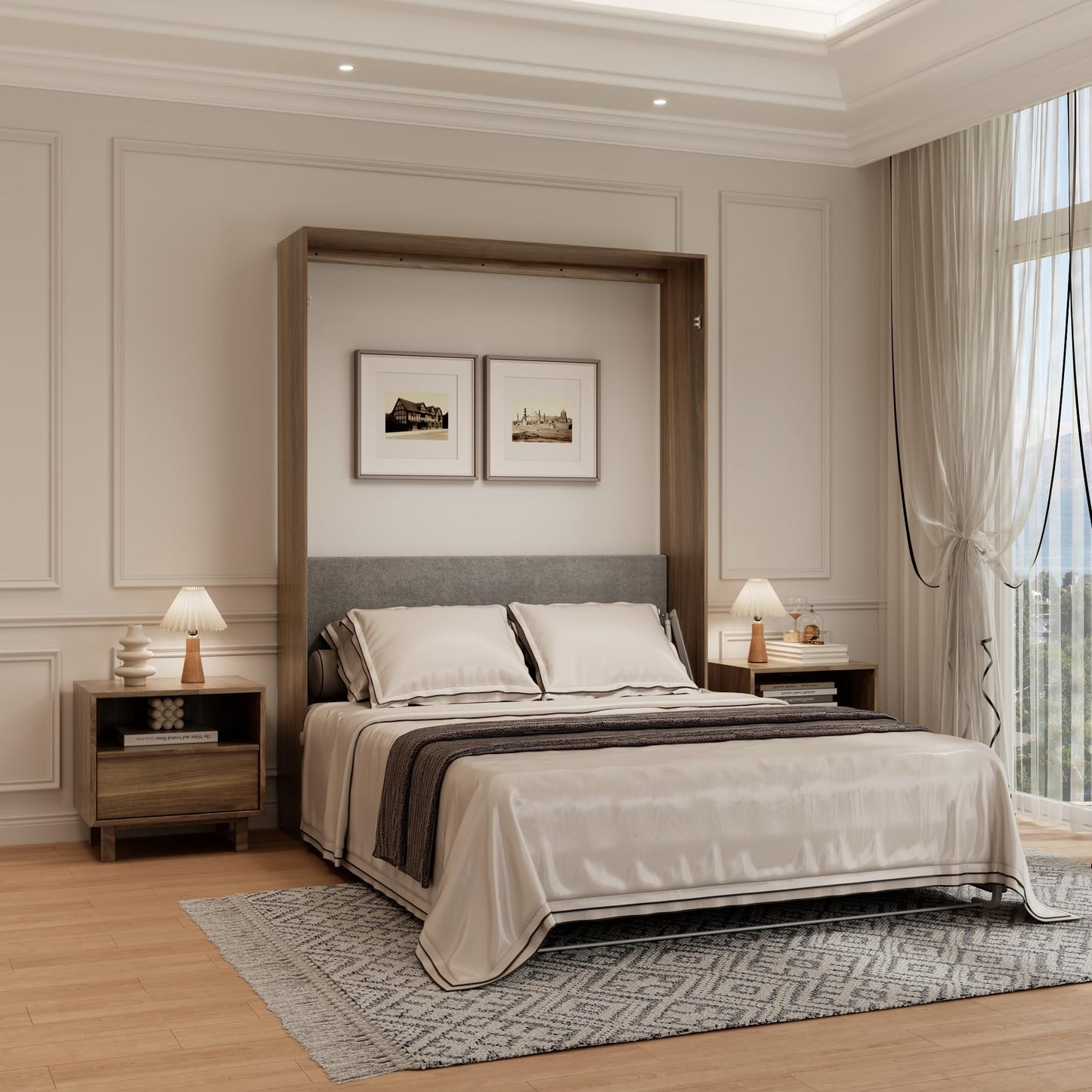 Jiaoun Queen Murphy Bed,Farmhouse Guest Beds,Folding Wall Bed with Hydraulic Bar,64" W Twin Murphy Beds for Small Spaces/Offices/Apartments/Guest Room,Browm.