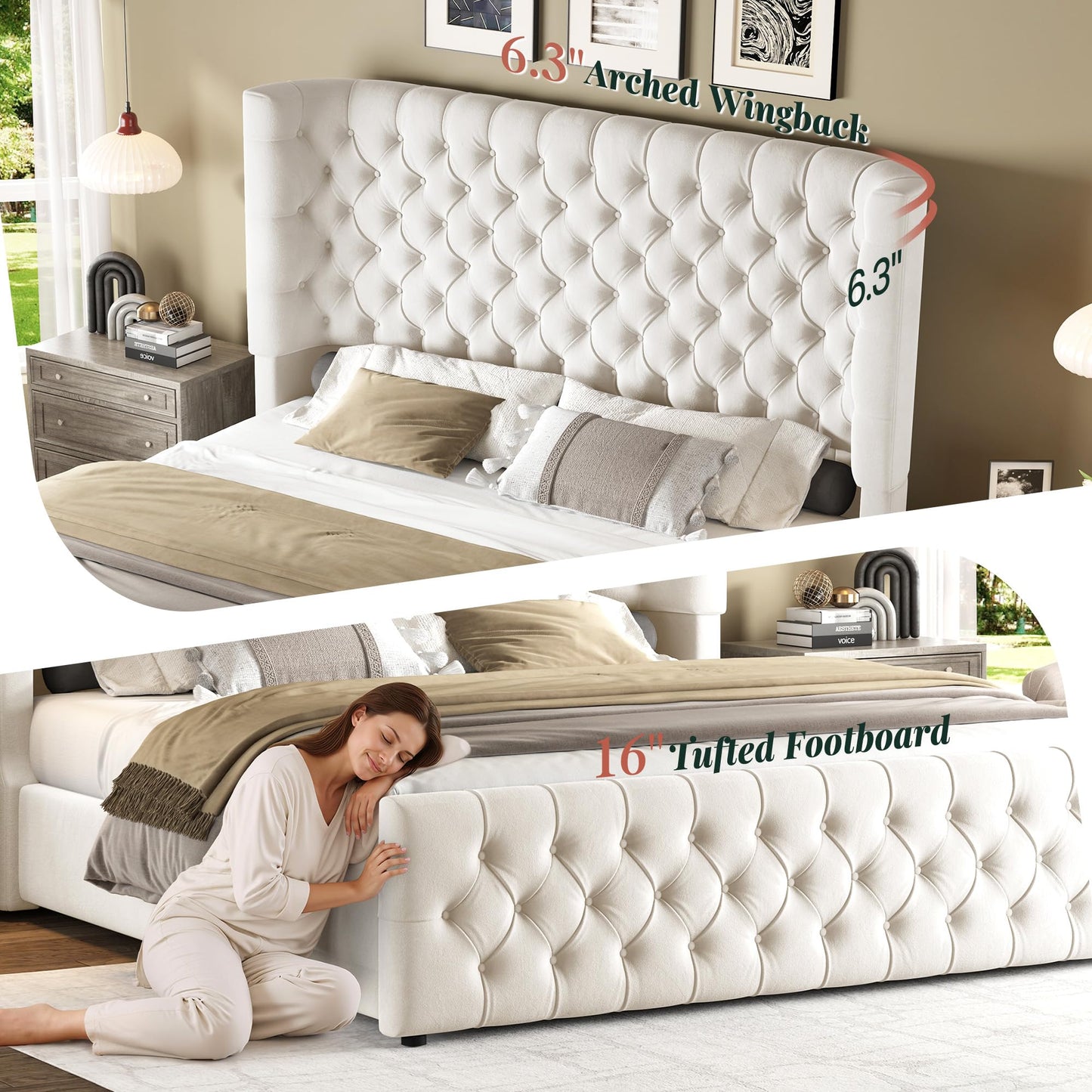 Jocisland Queen Size Upholstered Bed Frame with 6.3-Inch Curved Wingback Headboard, Tufted Footboard, Wood Slats, No Box Spring Needed, Beige Velvet