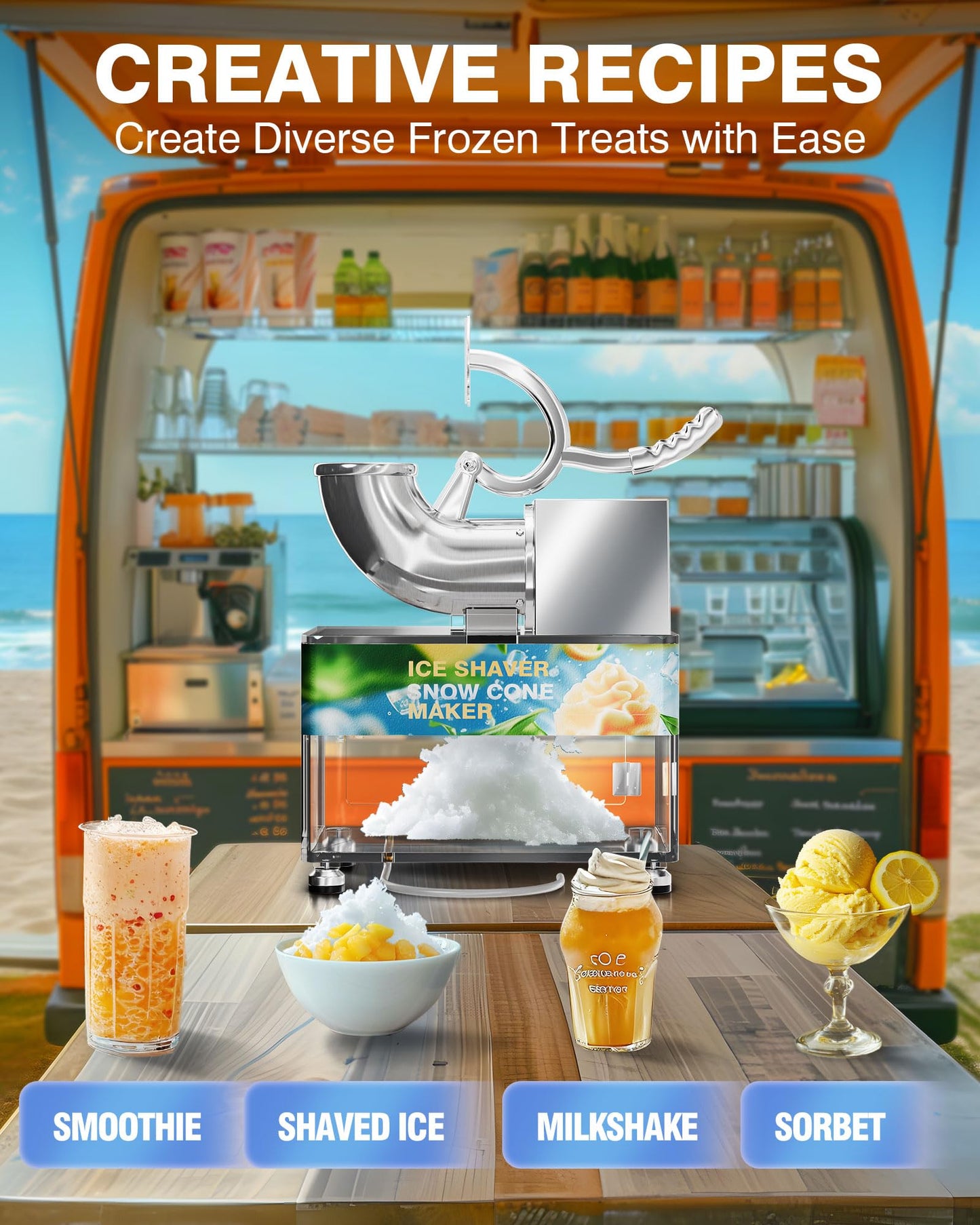 PYY Snow Cone Machine - Commercial Ice Crusher Shaver, Electric Crushed Shaved Snowcone Maker, Stainless Steel Full Body, Dual Blades, Acrylic Box and Drain Pipe, All-Copper Motor 440LBS/H