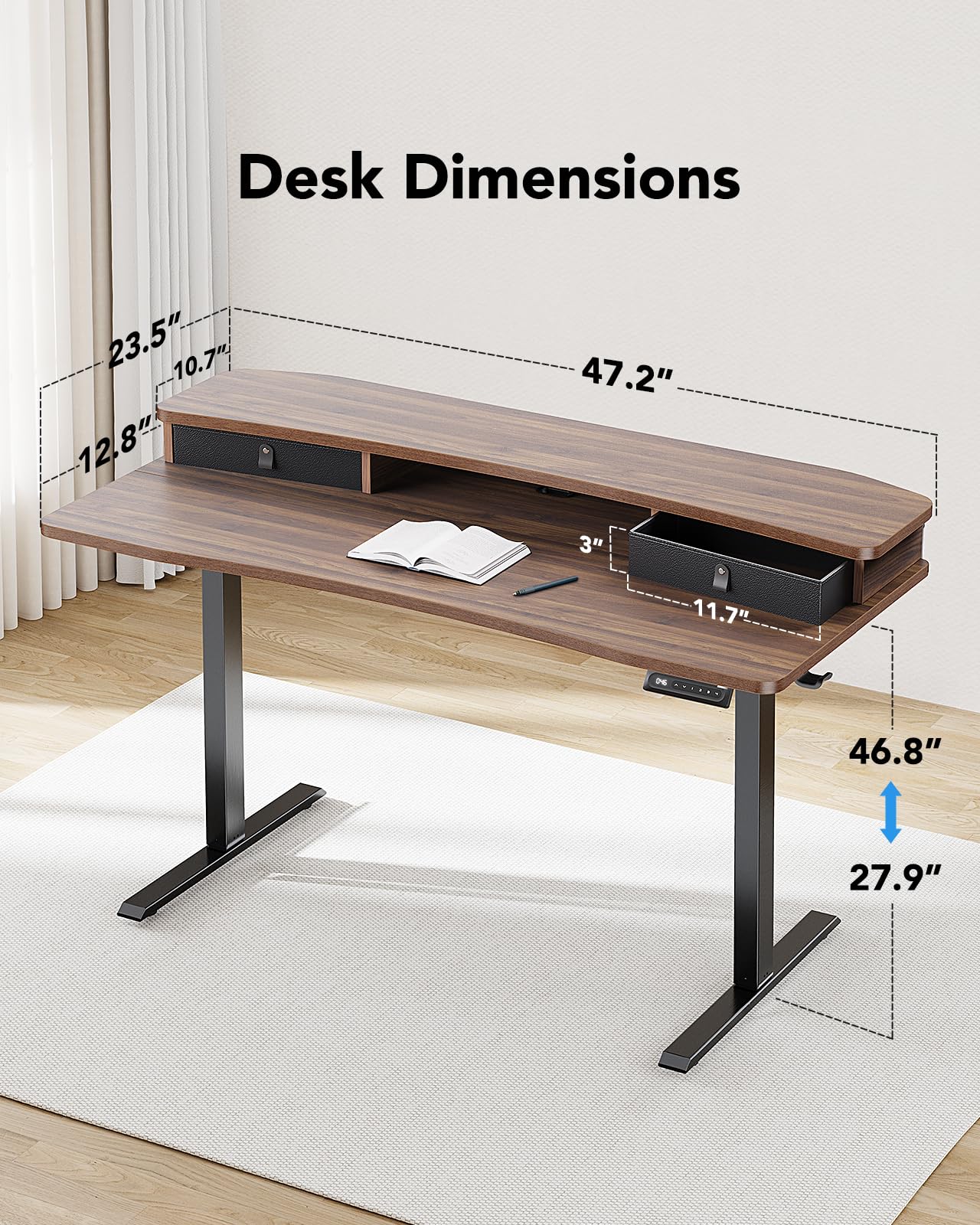 HUANUO 48″ x 24″ Electric Standing Desk with 2 Drawers, C-Clamp Mount Compatible, Height Adjustable Computer Desk, Home Office Stand Up Desk with 4 Preset Heights & 2 Hooks, Walnut