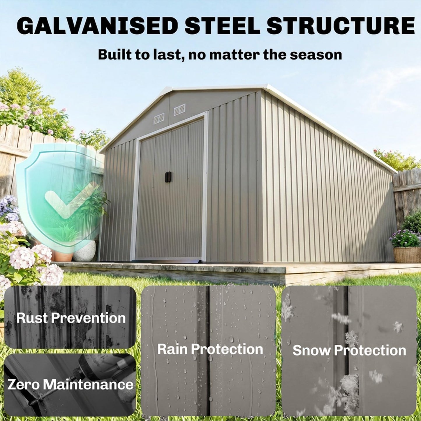 Outsunny 11' x 13' Outdoor Storage Shed, Garden Tool Metal Shed with Foundation Kit, Double Lockable Door, Air Vents and Sloping Roof, for Backyard, Patio, Lawn, Light Gray
