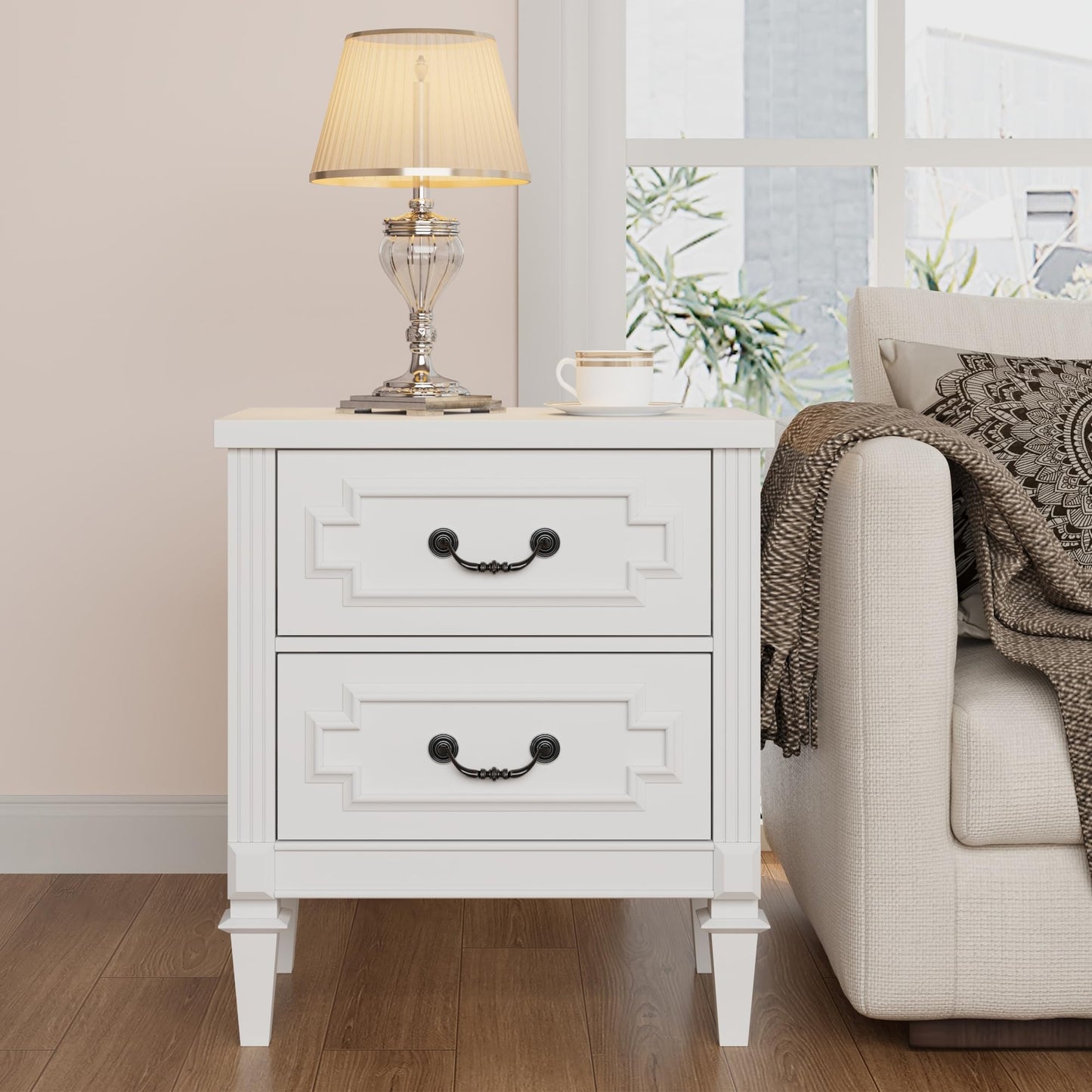 BOSHIRO Nightstand wtih Vintage Surface, 30" End Table, Side Table with 2 Drawers Storage Cabinet Chest for Bedroom, Living Room, White