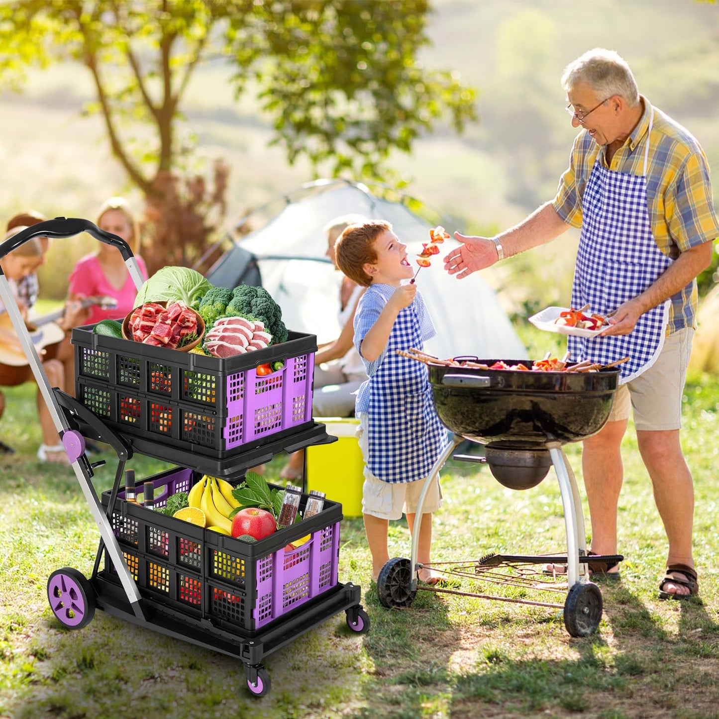 Collapsible Shopping Cart on Wheels, Folding Shopping Cart with 360° Swivel Wheels, Multi Use Utility Cart Adjustable Portable Trolley with 2 Storage Crate, Used for Picnic, Supermarket, Purple