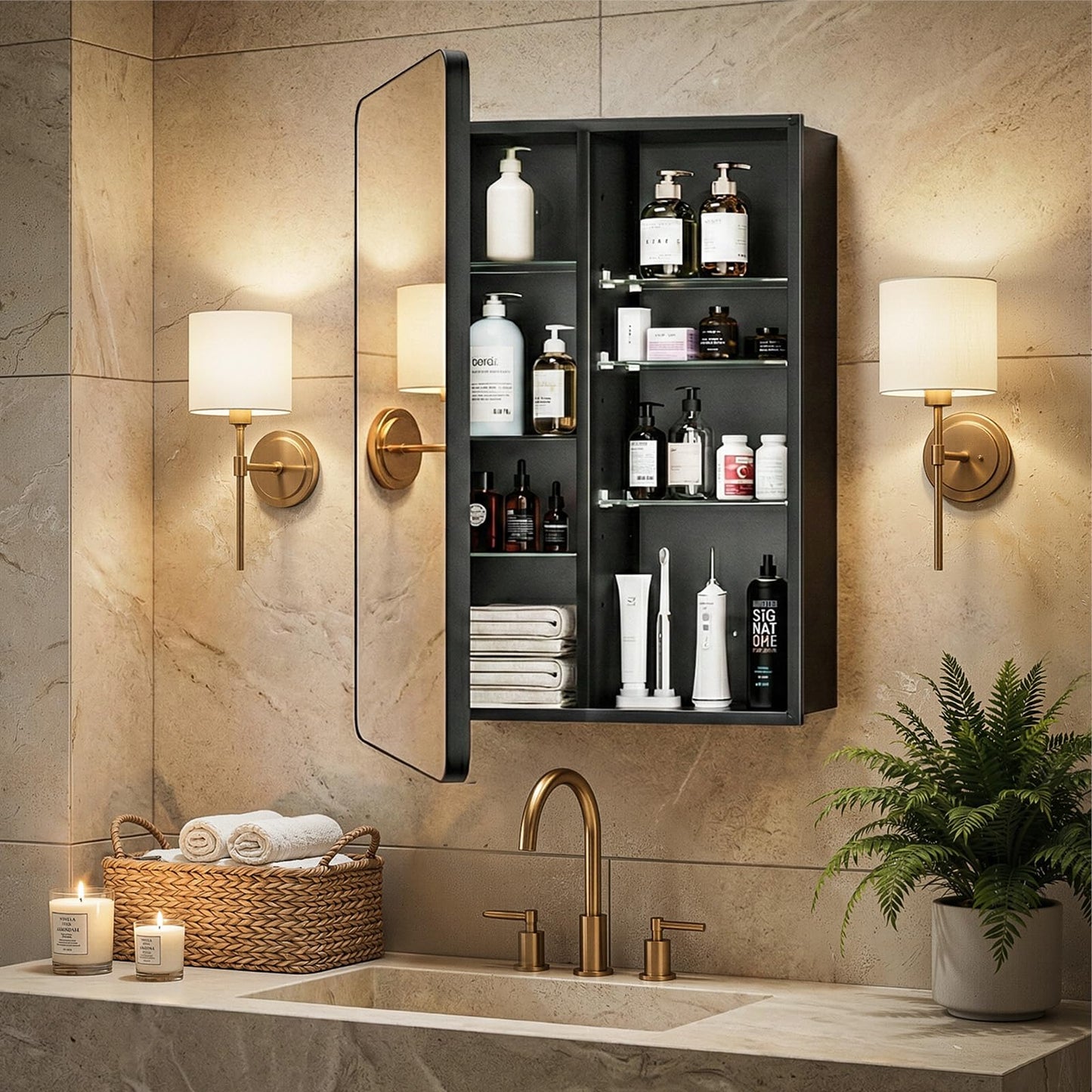 GoTiling Bathroom Medicine Cabinet with Mirror, 20x30 Inch Recessed or Surface Mount Wall Organizer, Fits Tall Bottles, 6 Adjustable Glass Shelves, Soft Close DTC Hinges, Matte Black, Pre-Assembled