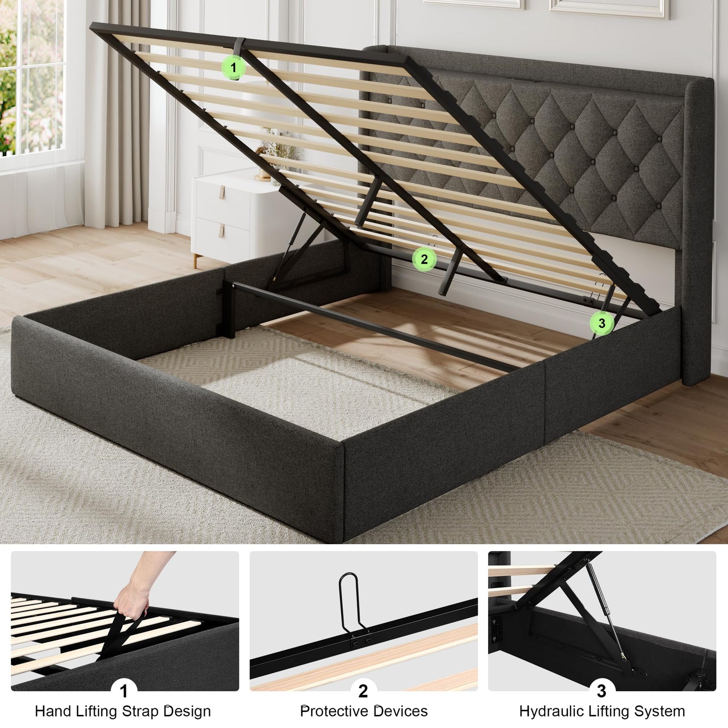 Feonase Queen Bed Frame with Storage & Charging Station - Hydraulic Lift Up Platform Bed, Upholstered Button Tufted Headboard, Sturdy Wooden Slats, Noise-Free, No Box Spring Needed, Dark Gray