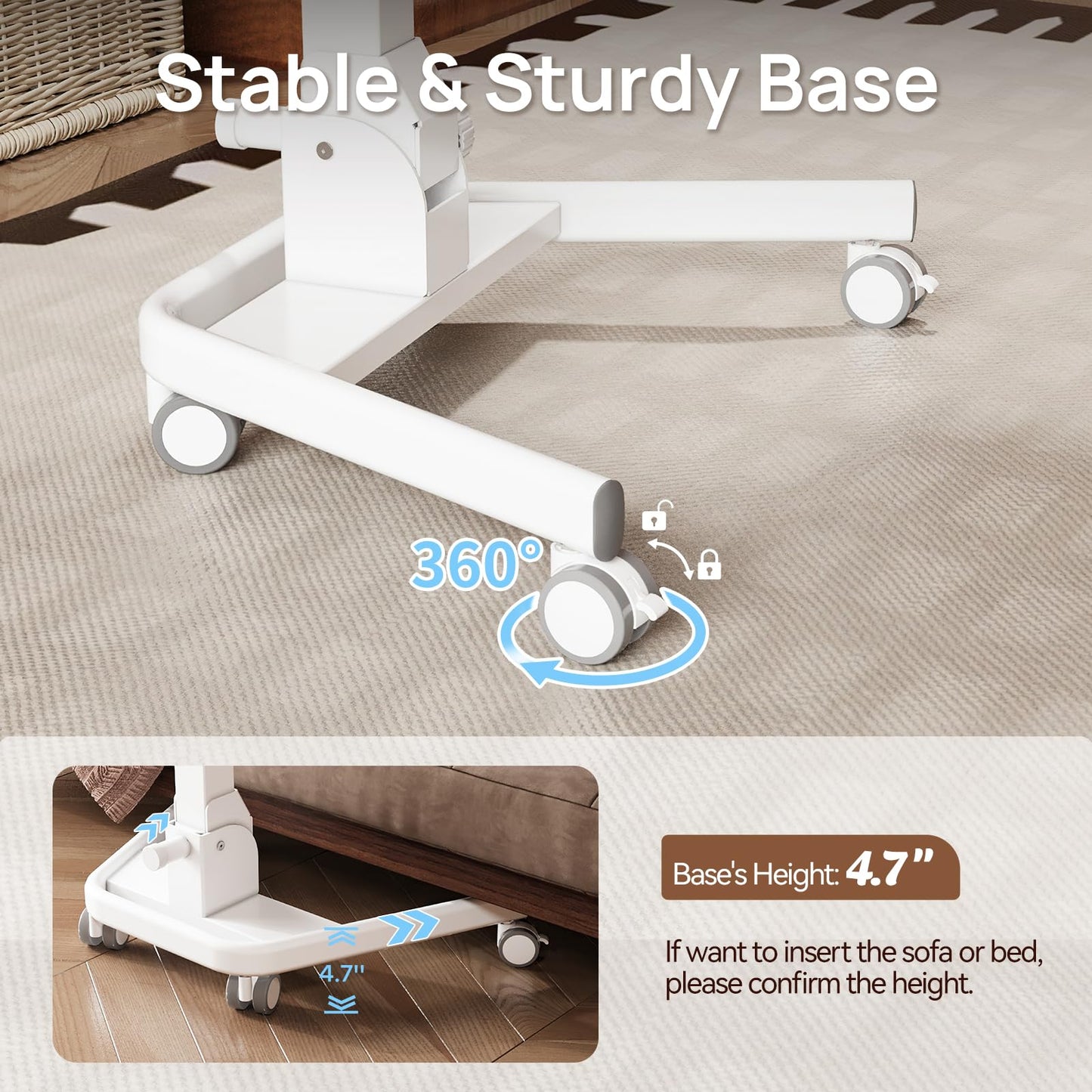 JYLH JOYSEEKER Foldable Mobile Standing Desk, 90 Tiltable Rolling Standing Desk, Height Adjustable Portable Laptop Workstation for Home Office, Easy to Fold, White