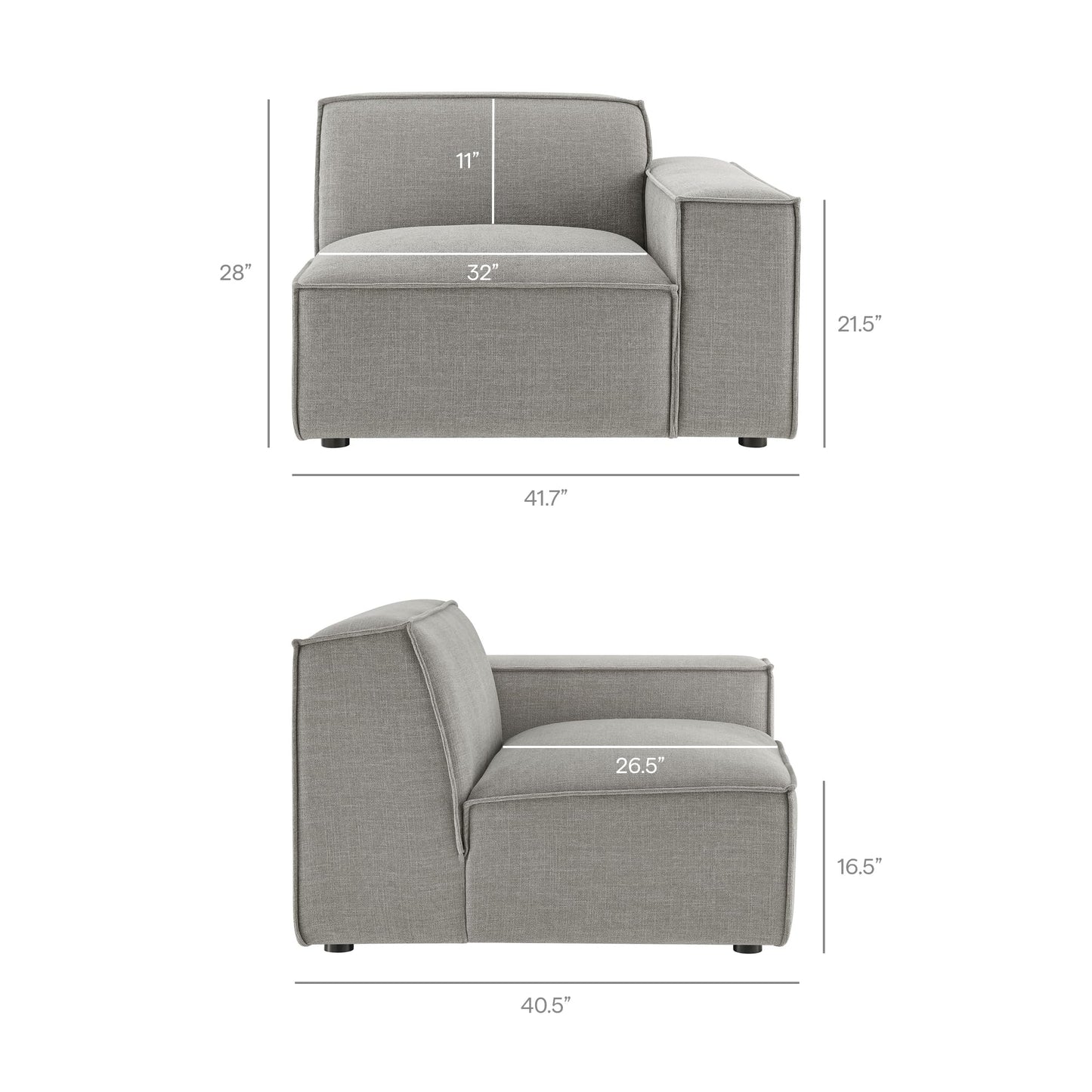 Modway Restore Performance Fabric Upholstered 4-Piece Modular Sofa Set with Ottoman in Pewter - Low Profile Sectional Sofa with Coil Seat Support and French Piping