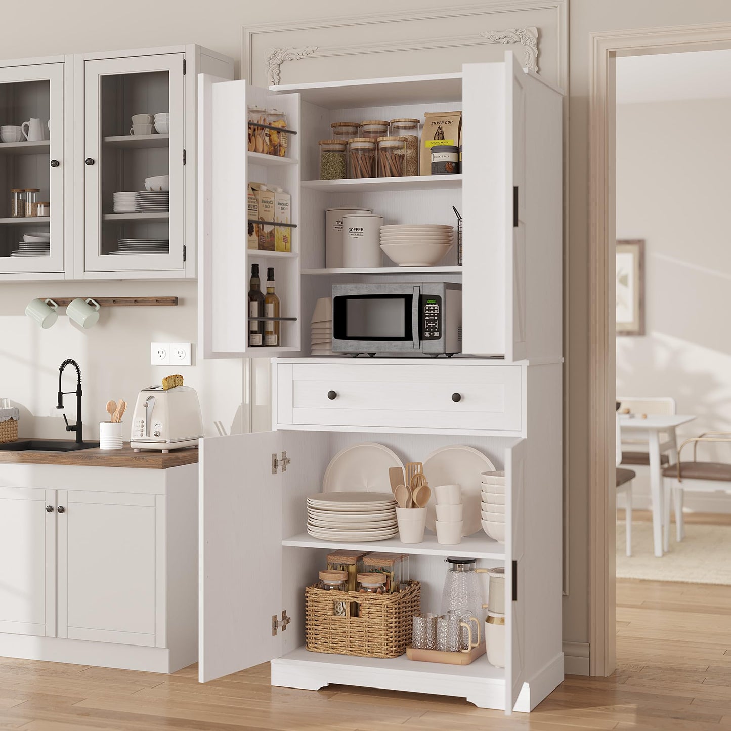 Garvee 71" Kitchen Pantry Cabinet, Barn Door Freestanding Cupboard with Drawer, Sliding Storage Rack, and 6 Hanging Shelves for Kitchen, Dining Room, Living Room Bedroom