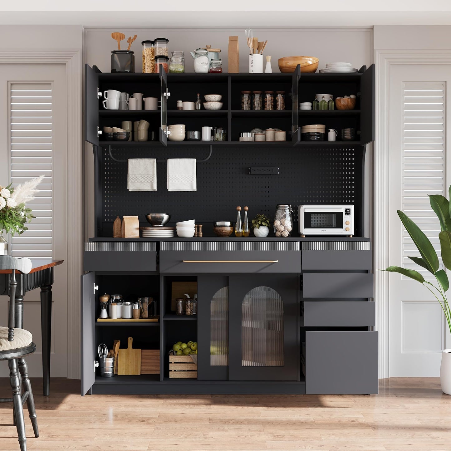 Merax Freestanding 63" W Buffet with Hutch, Large Coffee Bar Storage Cabinet with 6 Drawers, 5 Cabinets with Adjustable Shelves, Pegboard, Towel Rack, Black
