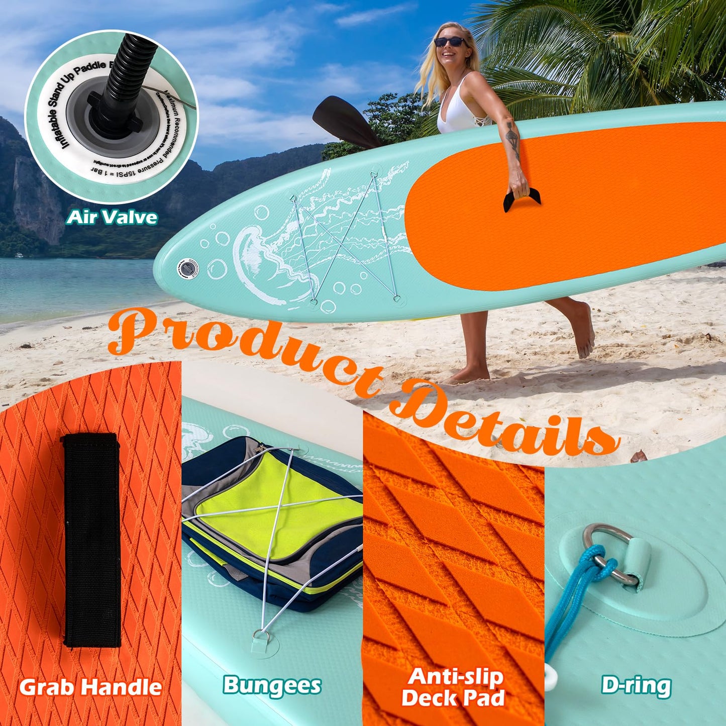 DAKUWAR Paddle Board 10'6''x33''x6'' Inflatable Stand Up Paddle Boards with SUP Accessories Ultra-Light Paddleboard Non-Slip Comfort Deck for Adults & Youth of All Skill Levels (Green and Orange)